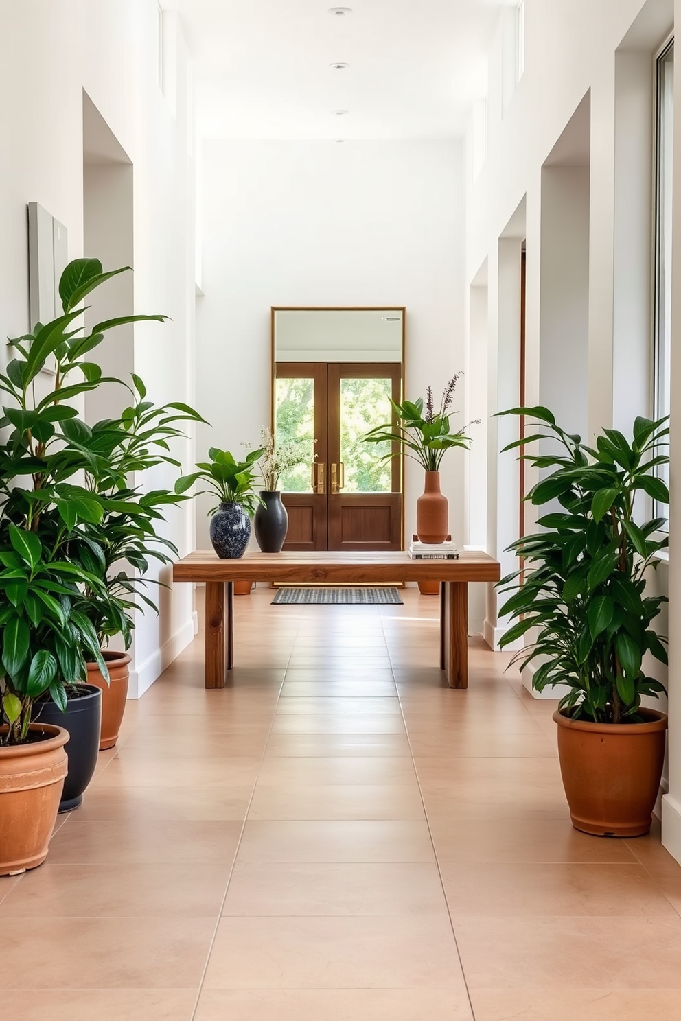 A long foyer filled with natural light features a sleek console table made of reclaimed wood. Lush potted plants line the sides, adding a vibrant touch to the neutral color palette of the walls. The floor is adorned with large tiles in soft earth tones, creating a warm and inviting atmosphere. A statement mirror hangs above the console, reflecting the greenery and enhancing the sense of space.