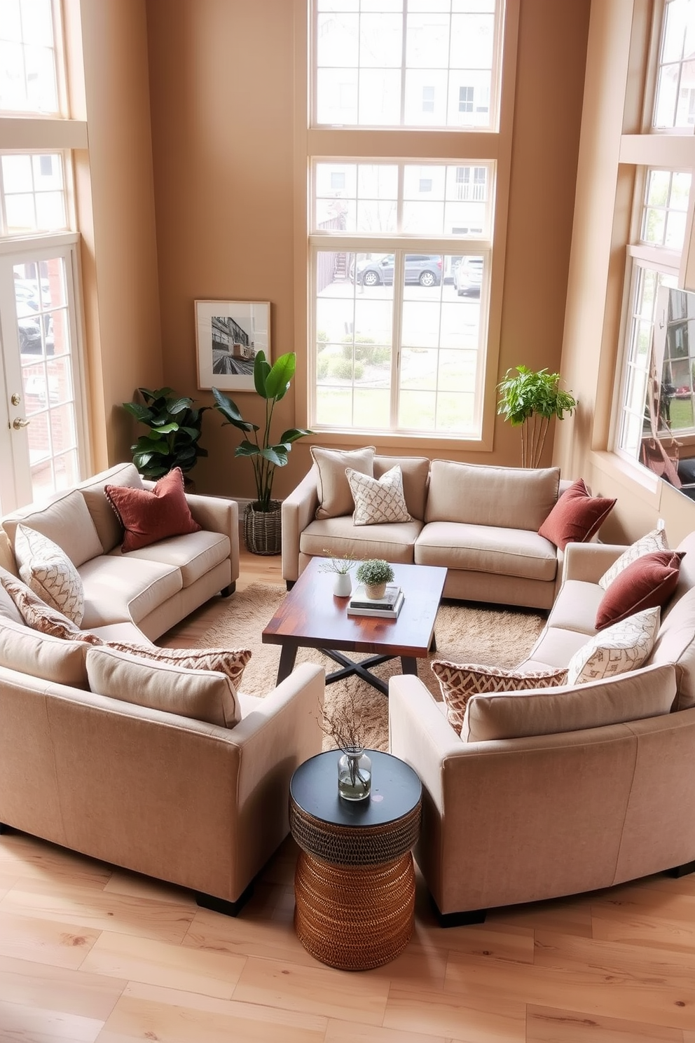 Create a cozy conversation area with plush sofas arranged in a U-shape around a central coffee table. The walls are painted in a warm beige tone, and large windows allow natural light to fill the space, enhancing the inviting atmosphere. Accent pillows in various textures and patterns are scattered across the sofas for added comfort. A soft area rug anchors the seating arrangement, while a few potted plants bring a touch of greenery to the room.