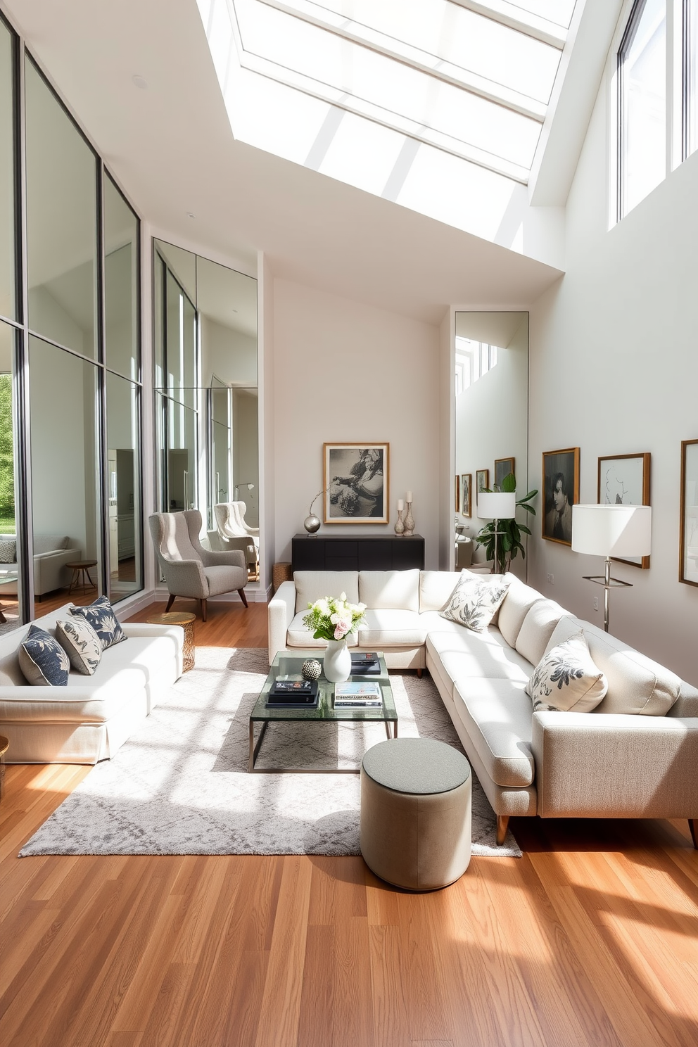 A spacious living room filled with natural light. Large floor-to-ceiling windows allow sunlight to flood the room, enhancing the airy atmosphere. In the center, a plush sectional sofa is arranged around a sleek coffee table. Strategically placed mirrors on the walls create an illusion of depth and amplify the brightness. A cozy reading nook is nestled in one corner, featuring a comfortable armchair and a small side table. Decorative throw pillows and a soft area rug add warmth and texture to the space. The walls are painted in a soft neutral tone, complementing the wooden flooring. Elegant artwork and framed photographs adorn the walls, adding personality and style.