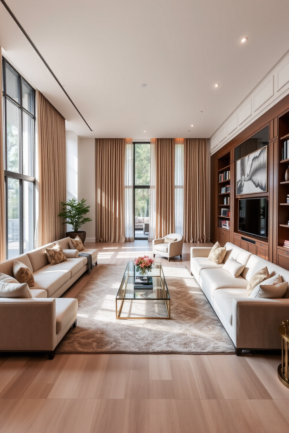 A luxurious long living room features an expansive layout with plush seating arranged around a central coffee table. Floor-to-ceiling windows allow natural light to flood the space, highlighting the elegant drapes and a soft area rug beneath the seating. Built-in shelves line one wall, providing ample storage for books and decorative items, creating a stylish focal point. The color palette consists of warm neutrals, with accent pillows and artwork adding pops of color throughout the room.