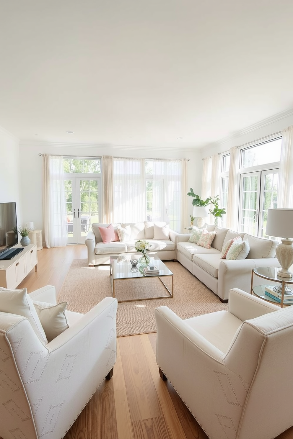 A spacious living room designed with a light color palette to enhance openness and create a welcoming atmosphere. The walls are painted in soft white, while the furniture features light beige upholstery with pastel accent pillows for a touch of color. Large windows allow natural light to flood the space, complemented by sheer curtains that add an airy feel. A cozy area rug in a neutral tone anchors the seating arrangement, which includes a comfortable sectional sofa and a pair of stylish armchairs.