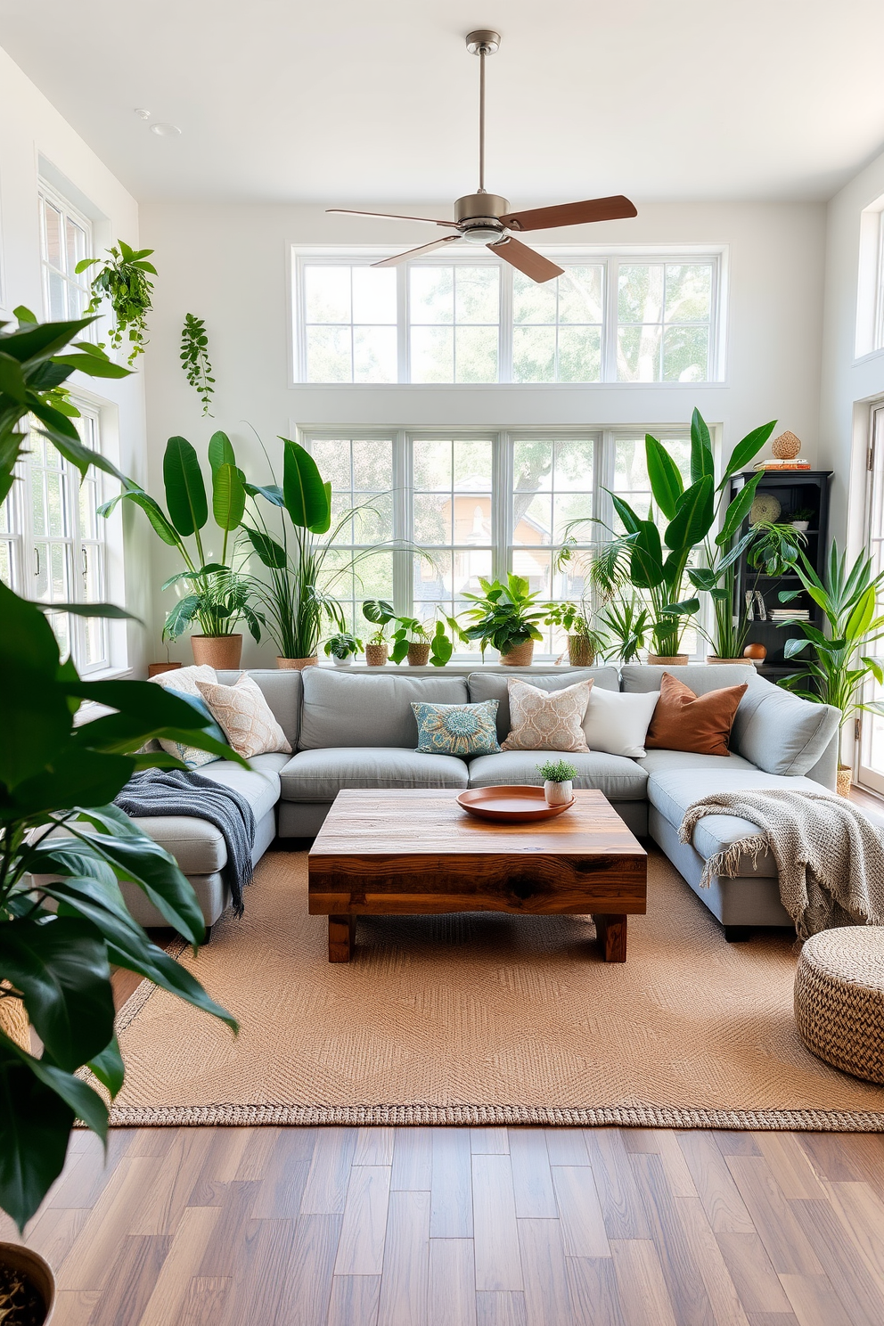 A spacious living room filled with natural light. Lush green plants are strategically placed in corners and on shelves, adding vibrancy to the space. The seating area features a plush sectional sofa in a soft gray fabric. A large coffee table made of reclaimed wood sits at the center, surrounded by decorative cushions and a cozy throw blanket.