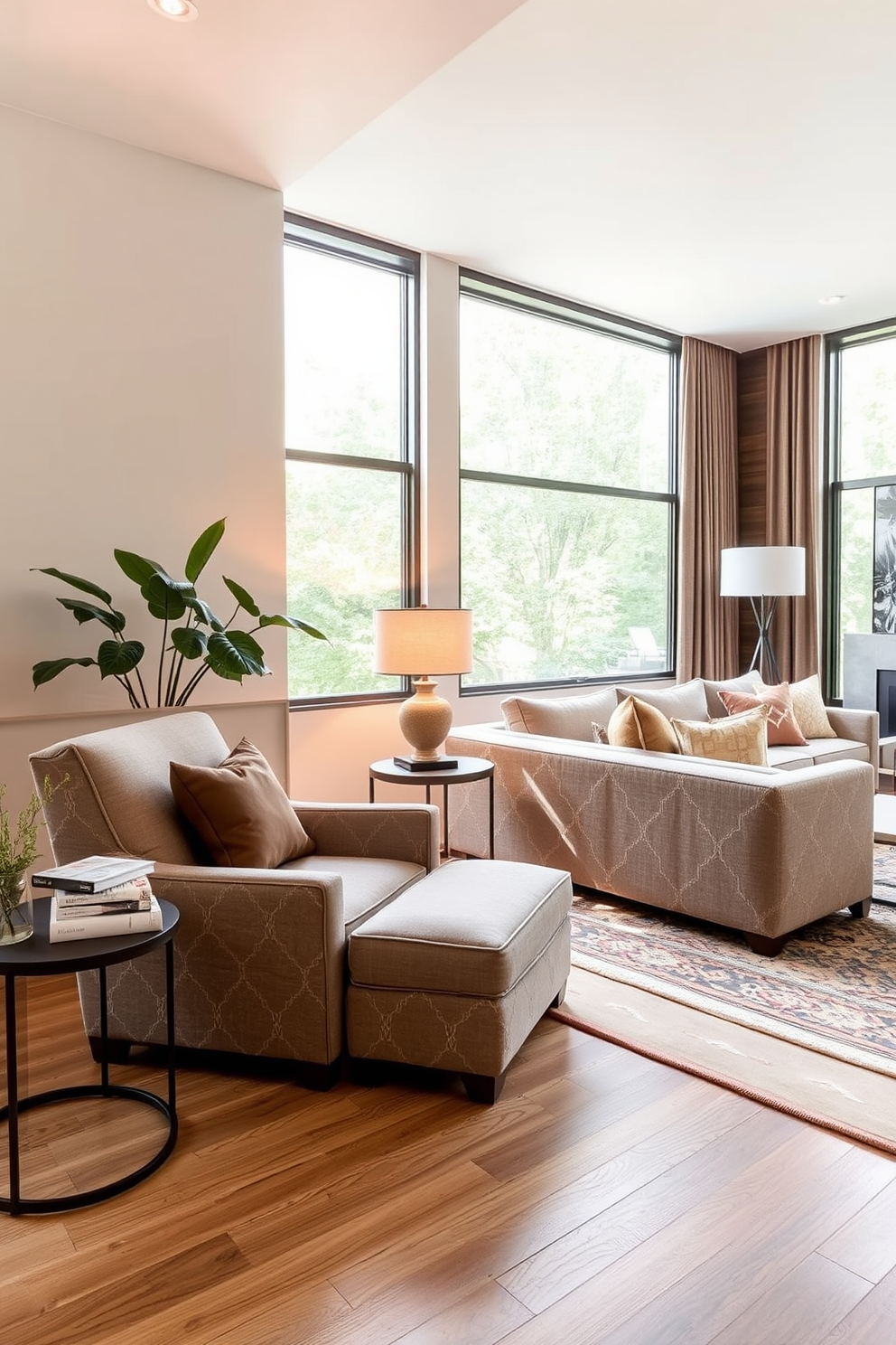 A long living room featuring a mix of textures for a layered look. The space includes a plush velvet sofa in deep blue, paired with a woven rattan coffee table and a soft wool area rug beneath. On one side, a sleek leather armchair adds contrast, while a collection of decorative cushions in various fabrics enhances comfort. Tall bookshelves filled with colorful books and decorative items line the walls, creating a cozy and inviting atmosphere.