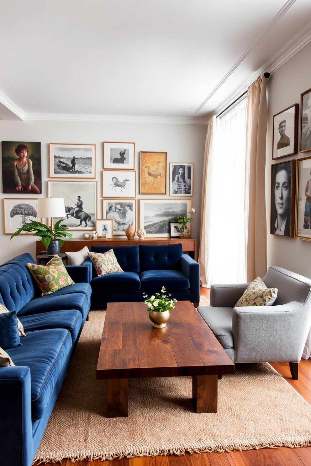 A long living room features a plush velvet sofa in deep navy blue paired with a light gray linen armchair. The coffee table is made of reclaimed wood, adding warmth to the space, while a soft wool area rug anchors the seating arrangement. The walls are adorned with a gallery of framed art, showcasing a variety of textures from canvas to photography. Sheer curtains in a delicate cream fabric allow natural light to filter in, creating an inviting atmosphere.