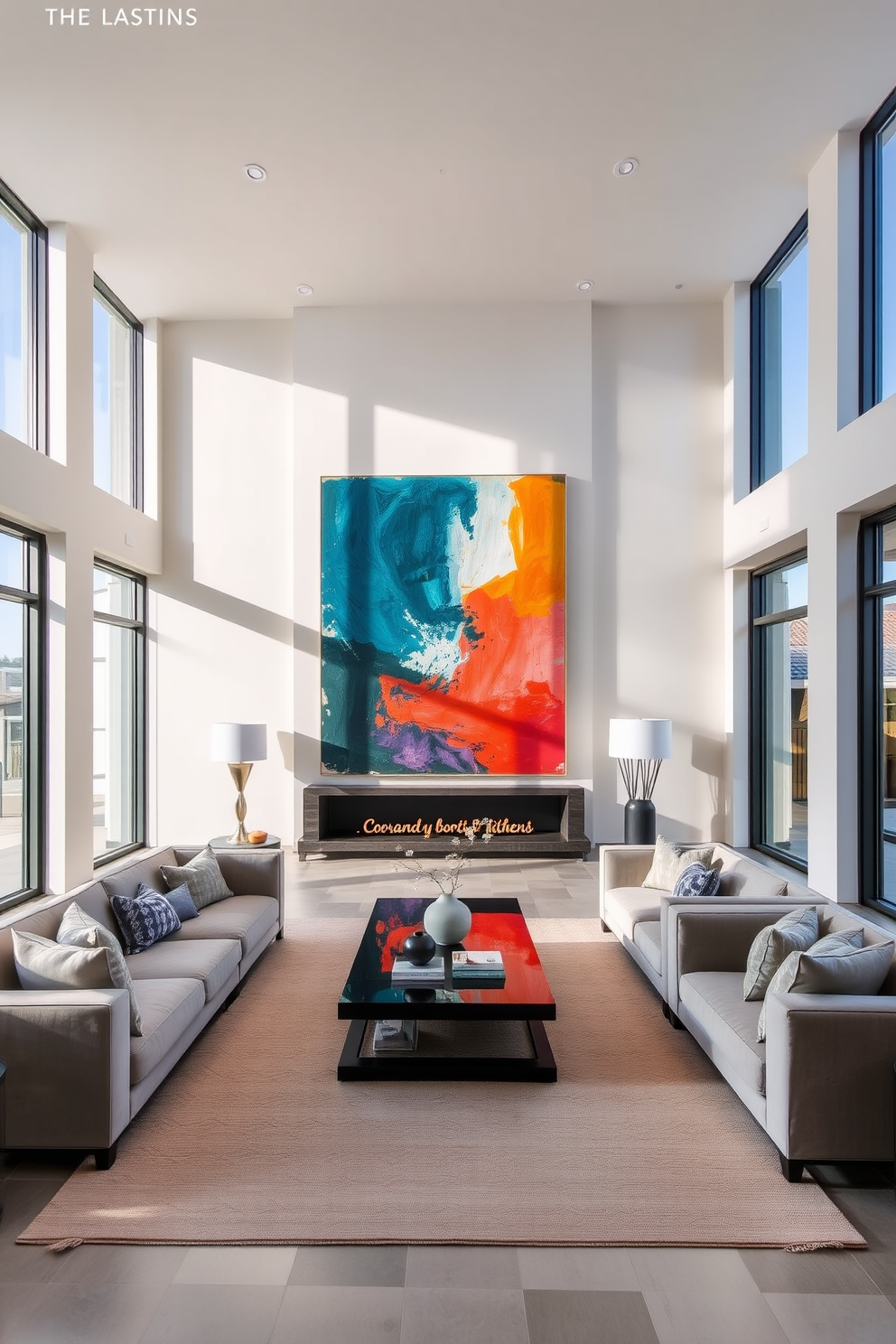 A stunning long living room features a large statement piece of art that serves as the focal point of the space. The walls are painted in a soft neutral tone, creating a warm backdrop for the vibrant colors of the artwork. Plush sofas are arranged to encourage conversation, with a stylish coffee table at the center. Floor-to-ceiling windows allow natural light to flood the room, enhancing the inviting atmosphere.