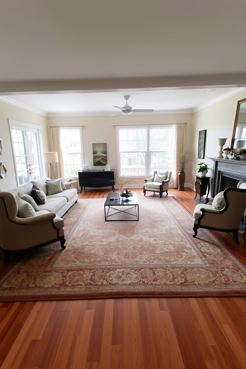 A spacious living room featuring a large area rug that defines the seating space. The rug is layered over hardwood flooring, creating a cozy and inviting atmosphere. The room is filled with a mix of modern and vintage furniture, including a plush sectional sofa and a pair of elegant armchairs. Large windows allow natural light to flood the space, highlighting the warm color palette of soft taupes and rich browns.