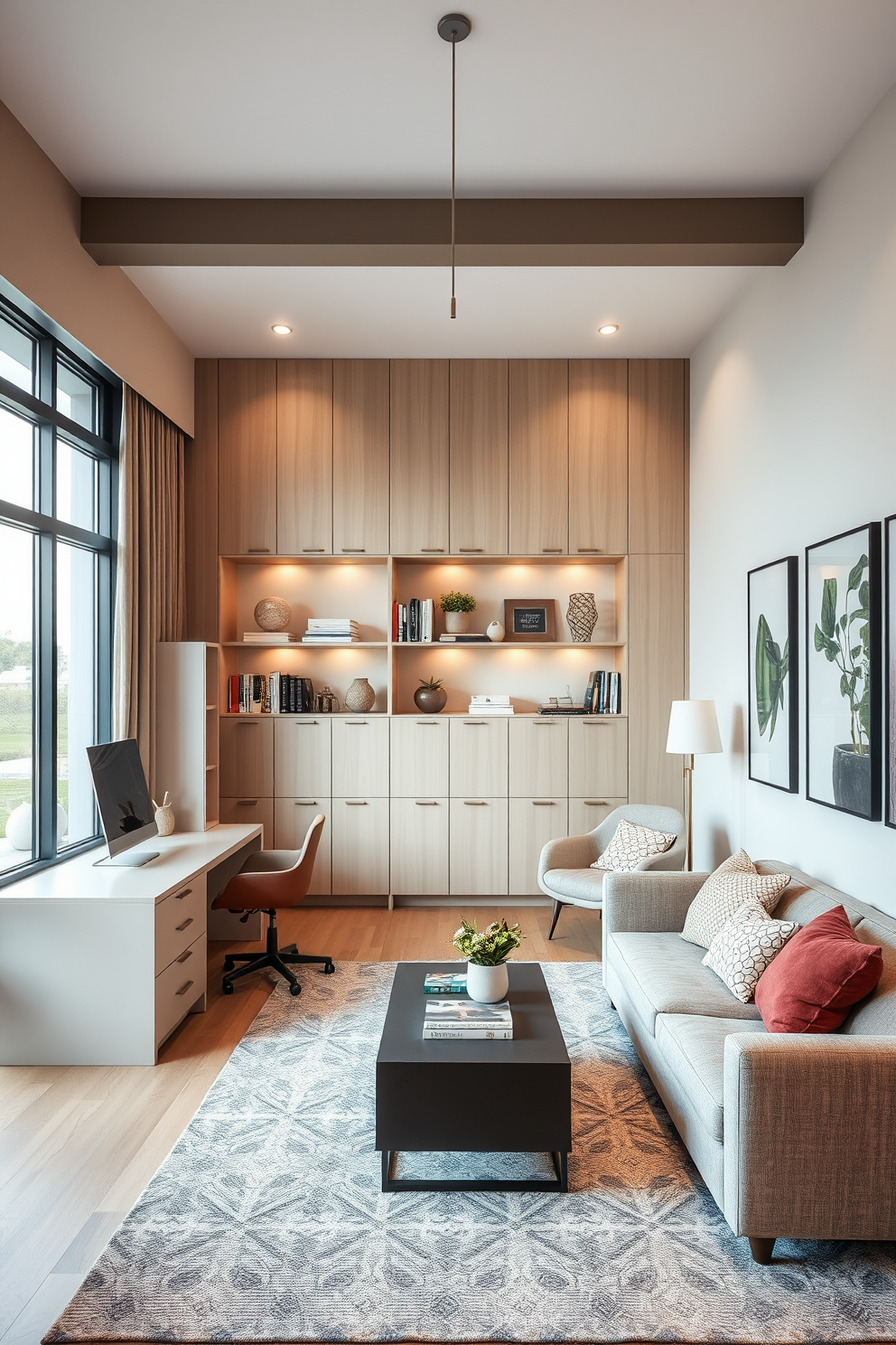 A stylish long living room designed for versatility. It features a sleek desk positioned near a large window, complemented by a comfortable chair and ample storage. The space is adorned with a cozy seating area, including a modern sofa and accent chairs. Soft lighting fixtures create an inviting atmosphere, while decorative shelves display books and personal items.