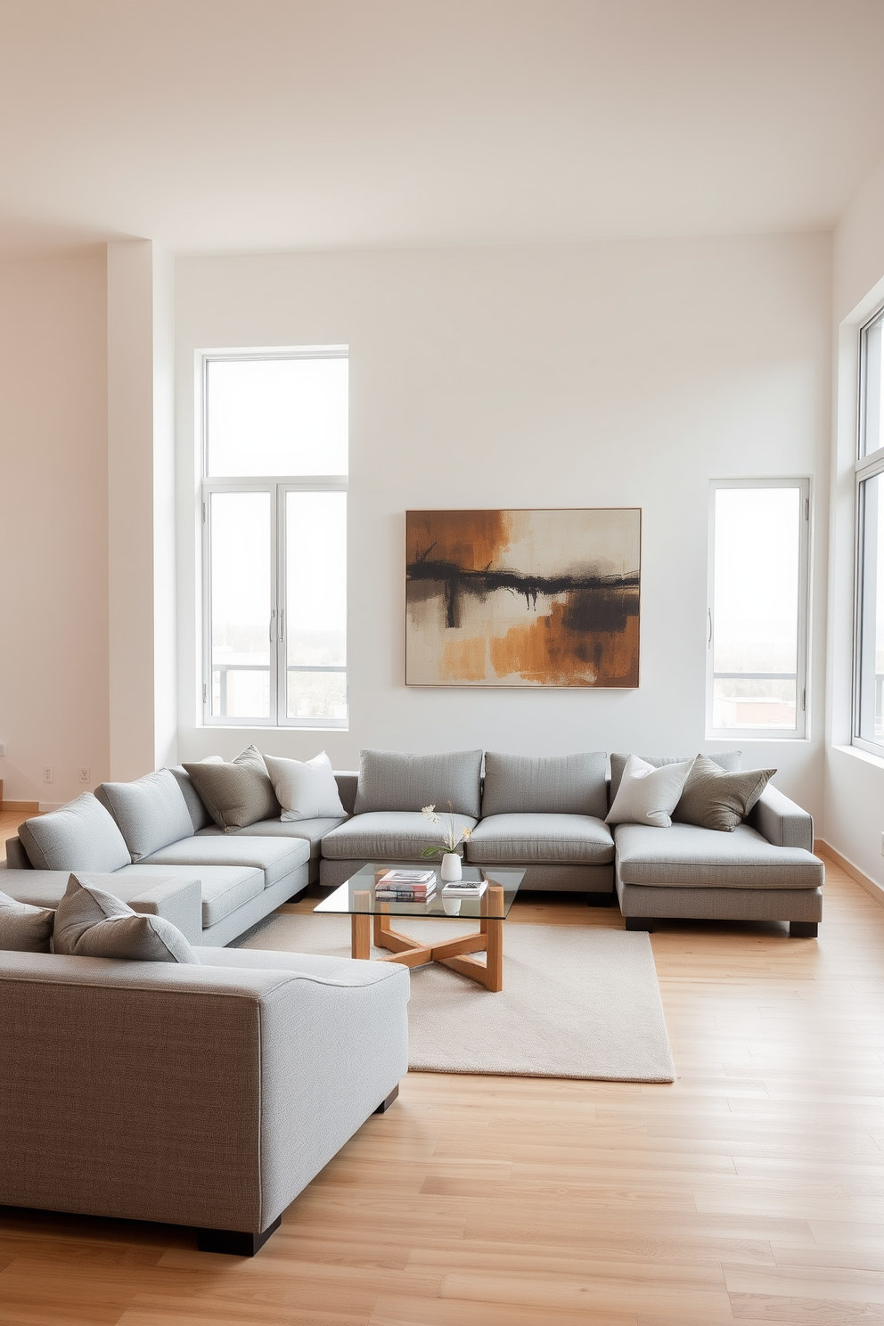 A spacious living room features a low-profile sofa upholstered in a soft gray fabric, positioned to create an open and inviting atmosphere. Large windows allow natural light to flood the space, highlighting the minimalist decor and a sleek coffee table made of glass and wood. The walls are painted in a warm white tone, complementing the light hardwood flooring throughout the room. Decorative pillows in muted tones add a touch of comfort, while a large abstract painting serves as a focal point above the sofa.