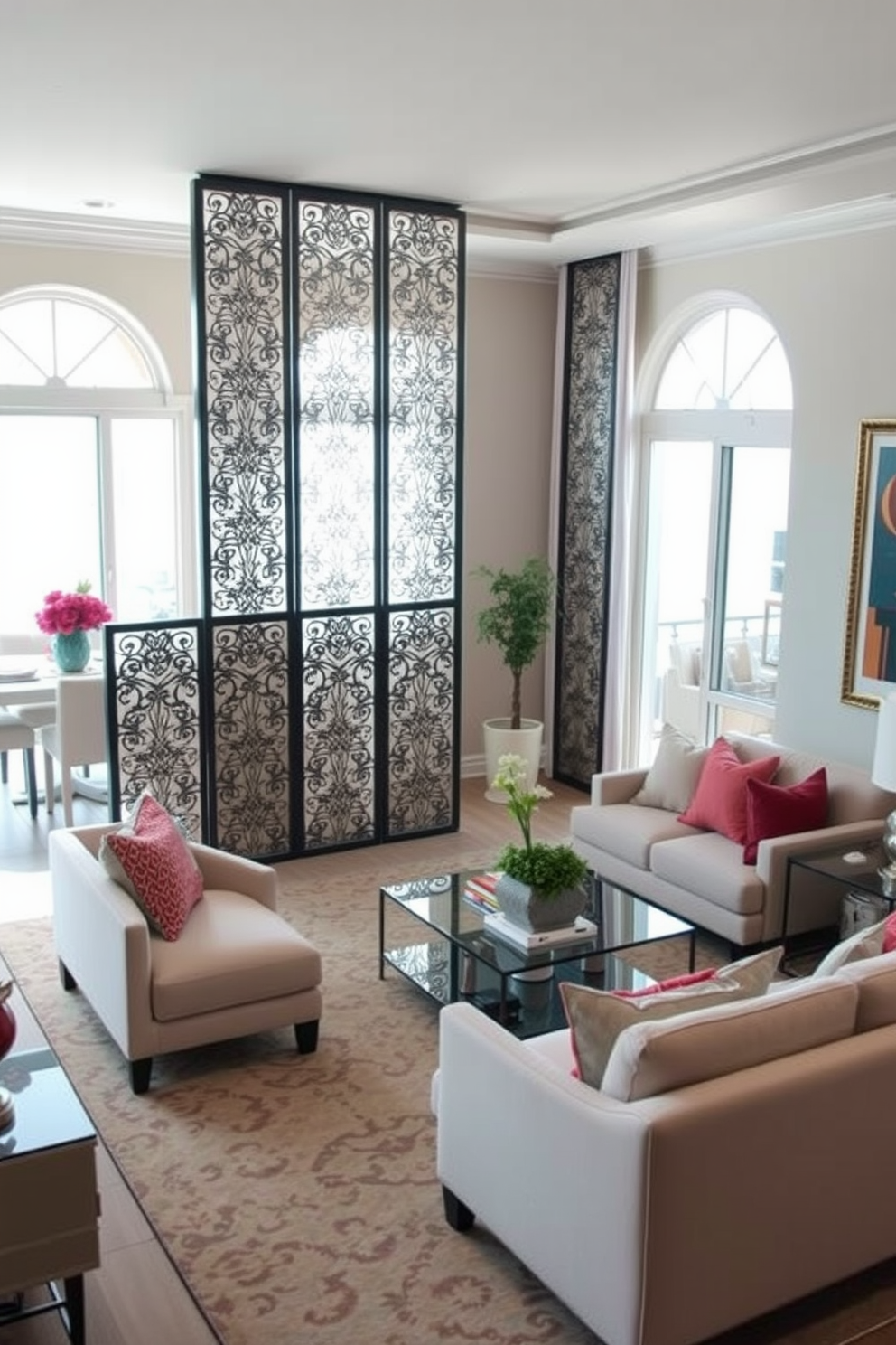 A spacious living room featuring elegant decorative room dividers that provide privacy without sacrificing style. The dividers are adorned with intricate patterns, complementing the overall decor while separating distinct areas for relaxation and entertainment. The room is designed with a harmonious color palette, incorporating soft neutrals and pops of color through plush seating and vibrant artwork. Large windows allow natural light to flood the space, enhancing the inviting atmosphere and highlighting the carefully curated furnishings.