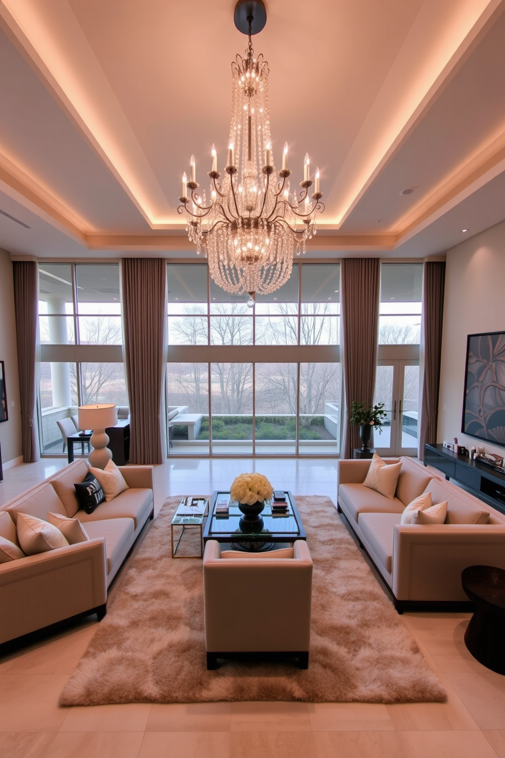 A spacious living room featuring a large chandelier that hangs gracefully from the ceiling, adding an air of elegance to the space. The room is designed with plush seating arrangements, including a luxurious sectional sofa and stylish armchairs, all centered around a modern coffee table. The walls are adorned with tasteful artwork, and large windows allow natural light to flood the room. A cozy area rug anchors the seating area, while decorative throw pillows add a pop of color and comfort.