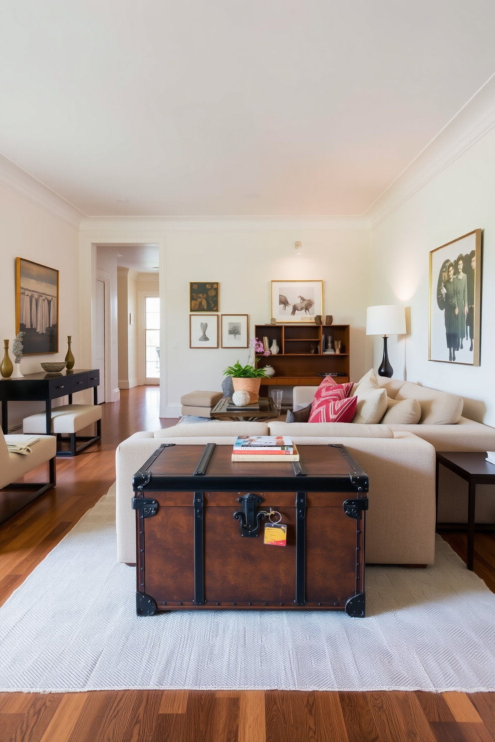 A vibrant long living room features an accent wall painted in a bold royal blue that contrasts beautifully with the lighter shades of the surrounding walls. The space is adorned with contemporary furniture, including a plush sectional sofa in a rich mustard yellow and a sleek glass coffee table. Large windows allow natural light to flood the room, highlighting the colorful artwork displayed on the walls. A striking area rug with geometric patterns ties the space together, while decorative cushions in various textures add depth and interest.