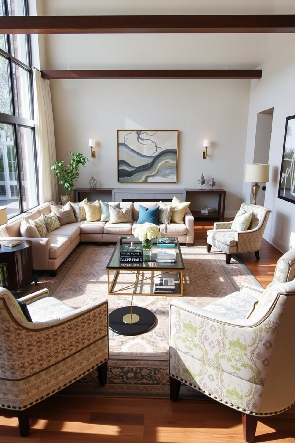 A long living room features a harmonious blend of seating styles, including a plush sectional sofa in a neutral tone and a pair of elegant armchairs with intricate patterns. The space is anchored by a large area rug that adds warmth, while a stylish coffee table sits at the center, surrounded by decorative books and a chic centerpiece. Large windows allow natural light to flood the room, highlighting the carefully curated artwork on the walls. Soft throw pillows in complementary colors are scattered across the seating, enhancing comfort and inviting relaxation.