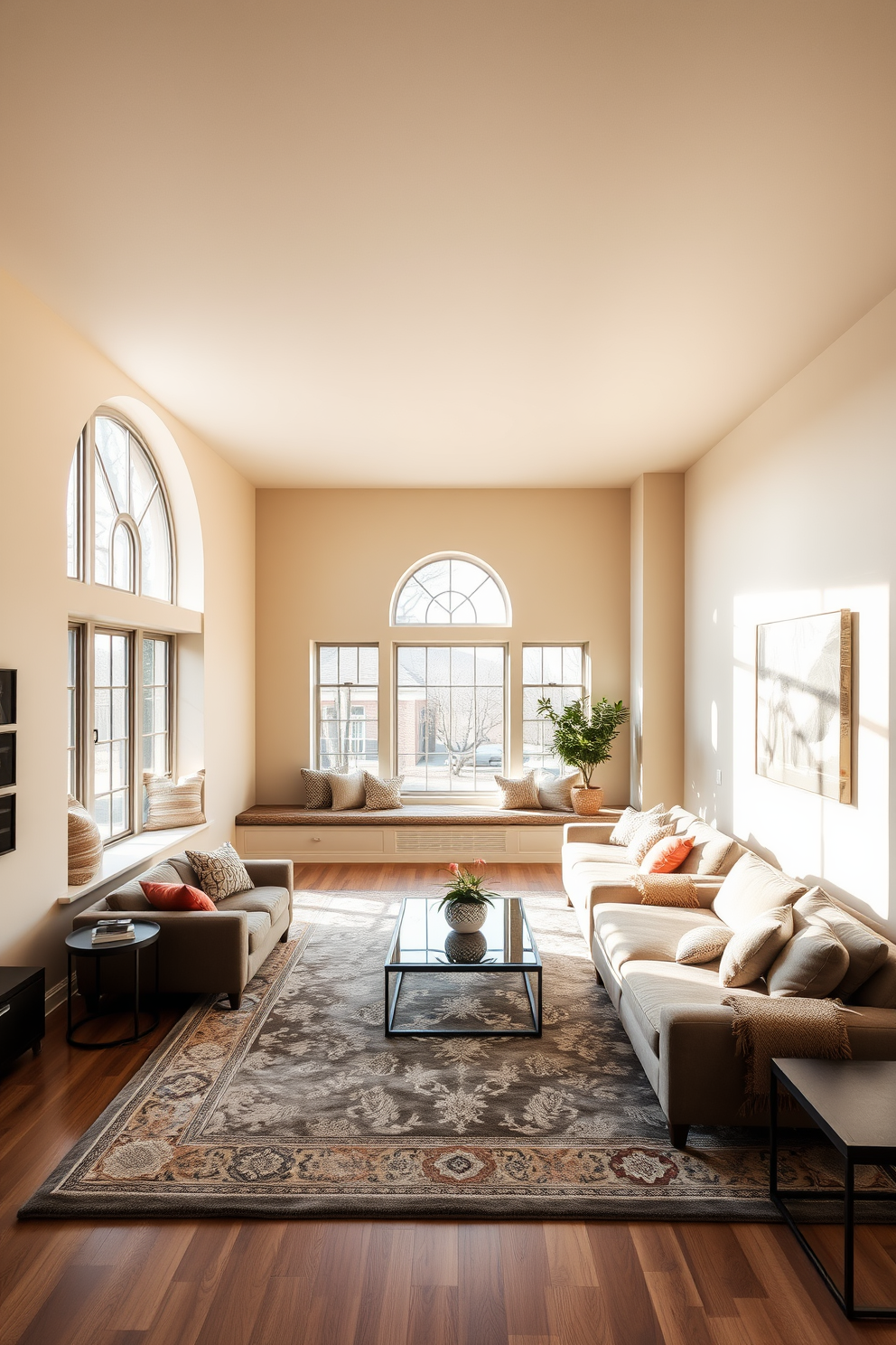 A spacious long living room features a cozy window seat adorned with plush cushions, inviting natural light to fill the space. The walls are painted in a soft beige, complemented by a large area rug that defines the seating area, which includes a stylish sectional sofa and an elegant coffee table.