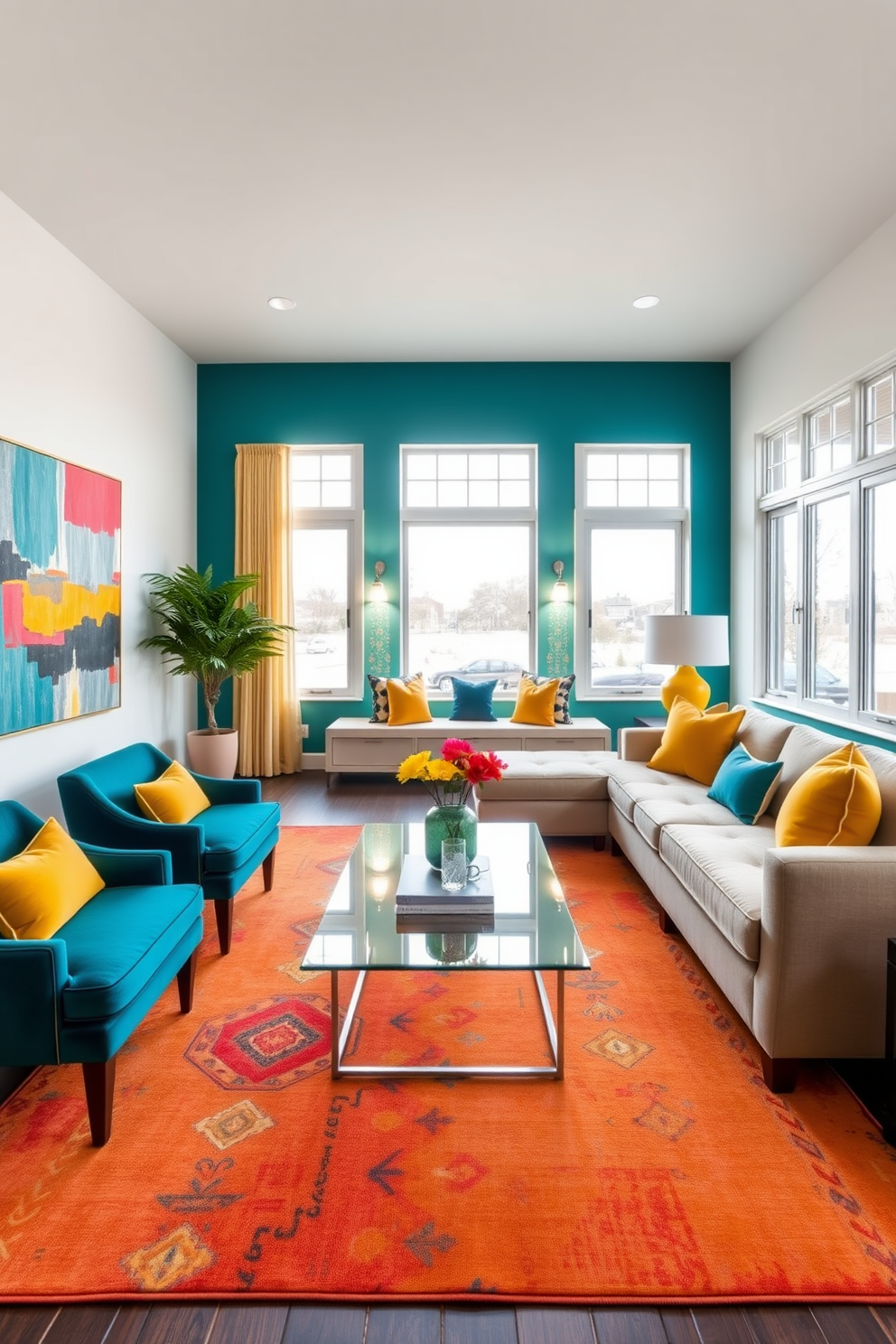 A vibrant long living room featuring bold accent colors such as deep teal and bright yellow. The space is adorned with a plush sectional sofa in a neutral tone, complemented by colorful throw pillows and an oversized abstract art piece on the wall. A sleek coffee table with a glass top sits at the center, surrounded by stylish accent chairs in rich jewel tones. Large windows allow natural light to flood the room, highlighting a striking area rug that ties the color scheme together.