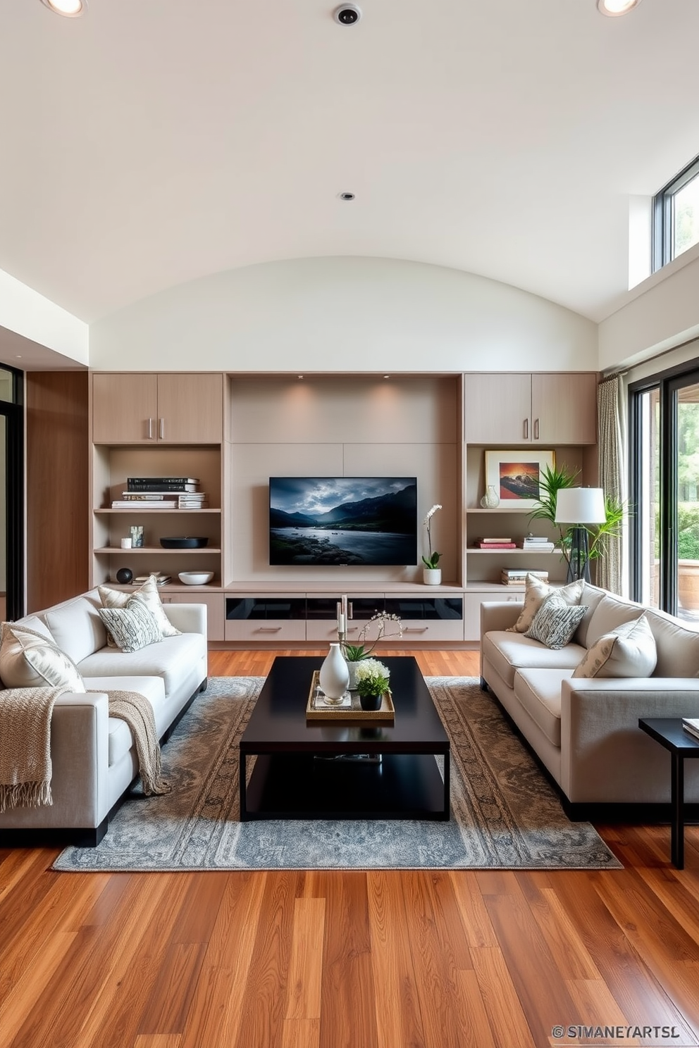 A stylish long living room features a sleek daybed positioned against a wall, providing both comfort and versatility for lounging or accommodating guests. The space is adorned with a soft area rug that complements the neutral color palette, while large windows allow natural light to flood the room, enhancing the inviting atmosphere.