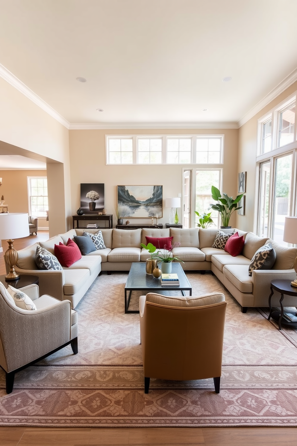 A spacious living room features a large sectional sofa in a neutral fabric, providing ample seating while enhancing the room's flow. The walls are adorned with soft beige paint, complemented by a large area rug that anchors the seating arrangement. A stylish coffee table sits at the center, surrounded by accent chairs that invite conversation. Large windows allow natural light to flood the space, highlighting decorative elements such as artwork and plants.