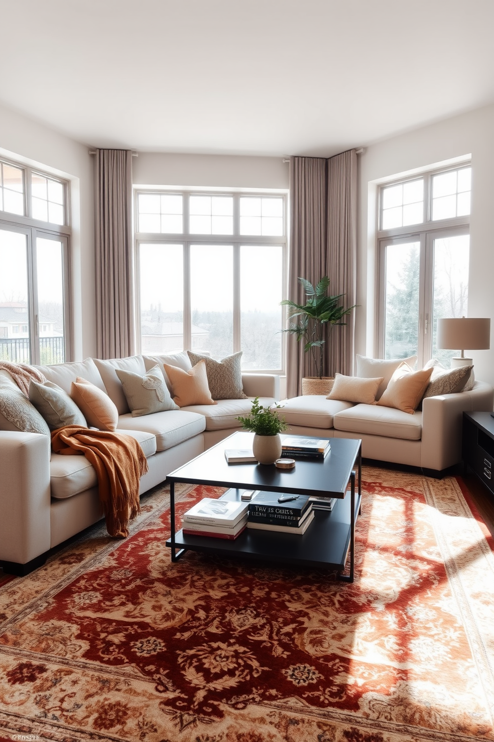 A long living room features a cozy seating arrangement with a plush sectional sofa adorned with soft throw pillows in various textures. A stylish soft throw is draped over one arm of the sofa, adding both comfort and a pop of color to the space. The room is illuminated by large windows that allow natural light to flow in, highlighting a beautiful area rug that anchors the seating area. A sleek coffee table sits at the center, complemented by decorative books and a small potted plant for a touch of greenery.