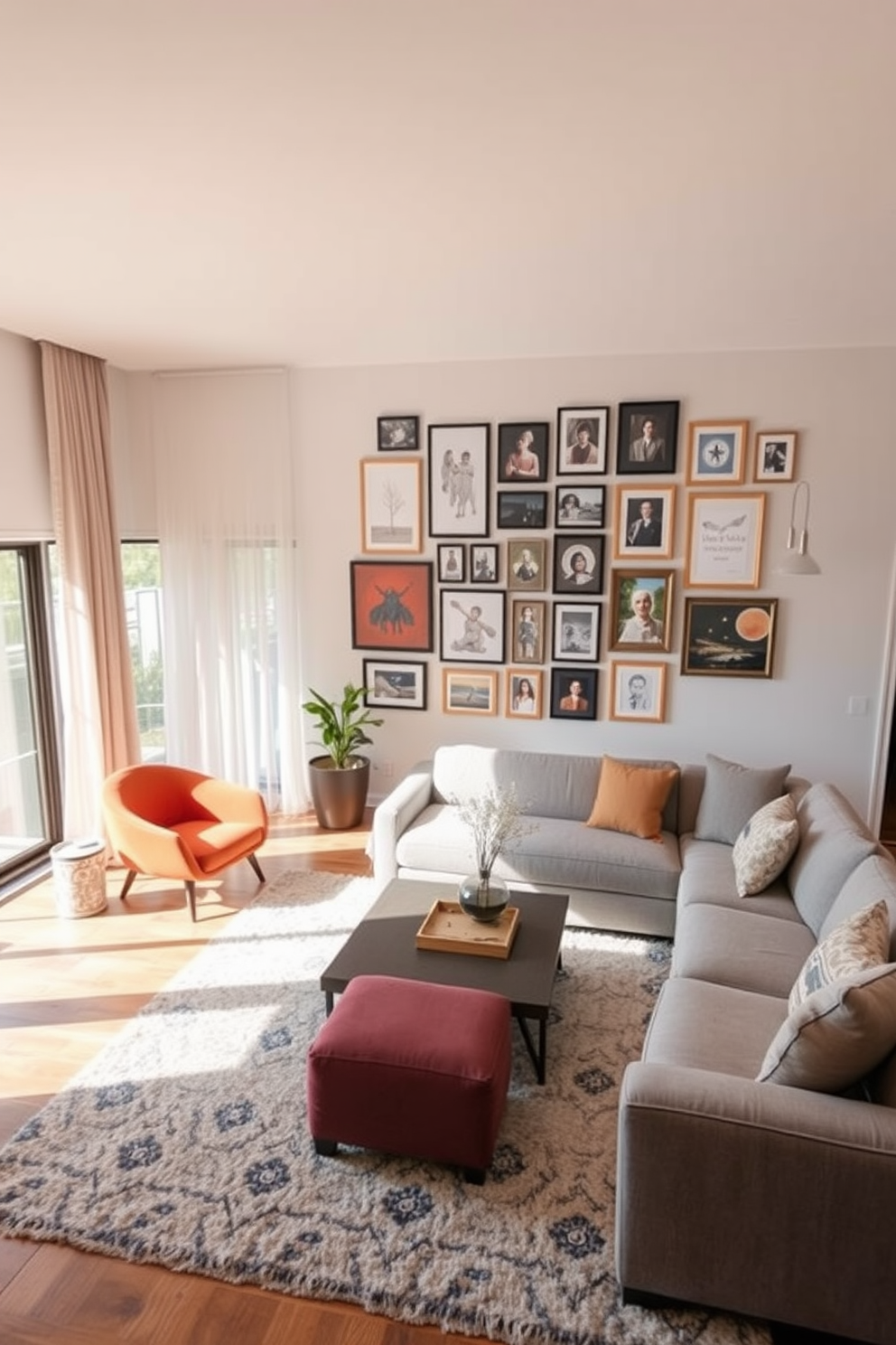 A spacious living room bathed in natural light. Large floor-to-ceiling windows line one wall, reflecting the sunlight onto the soft beige walls. In the center of the room, a plush sectional sofa in a light grey fabric invites relaxation. A sleek glass coffee table sits atop a textured area rug, adding warmth and comfort to the space. On the opposite wall, an elegant fireplace with a minimalist design serves as a focal point. Flanking the fireplace, two tall mirrors amplify the light and create an illusion of depth. Decorative shelves filled with curated books and art pieces add personality to the room. Potted plants in the corners bring a touch of nature indoors, enhancing the overall ambiance.