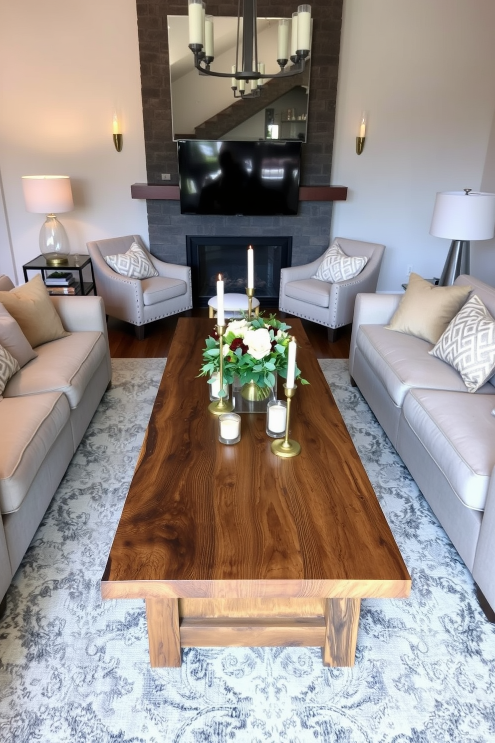 A stylish living room features a long coffee table centerpiece made of reclaimed wood, adorned with elegant candles and a fresh floral arrangement. Surrounding the table, plush sofas in neutral tones create a cozy yet sophisticated atmosphere, complemented by a statement rug that adds texture and warmth.