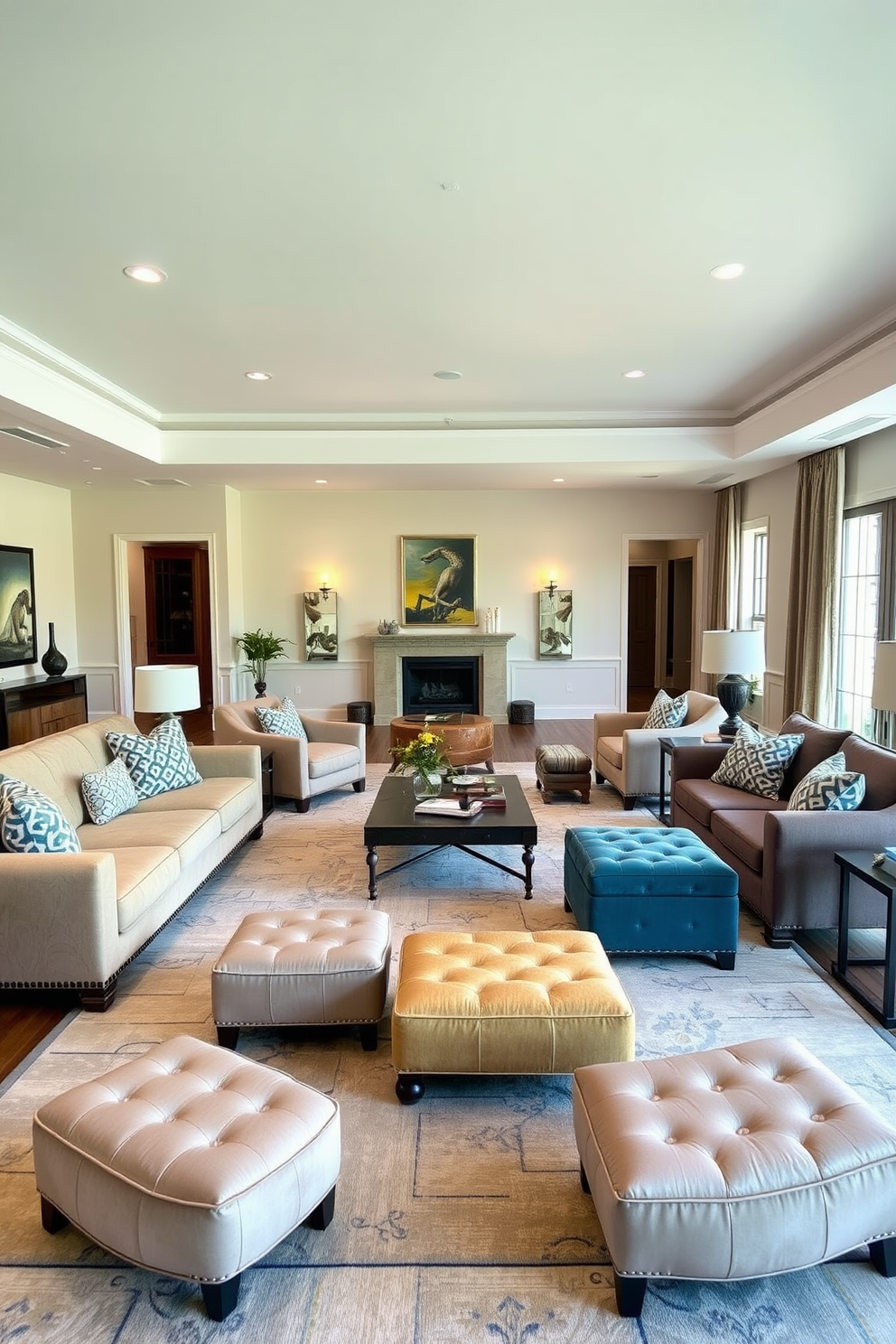 A long living room features a spacious layout with multiple seating areas. Soft neutral tones dominate the walls, complemented by a large area rug that defines the space. Incorporate stylish ottomans that can be easily moved to create flexible seating arrangements. The furniture includes a mix of plush sofas and accent chairs, arranged to encourage conversation and relaxation.