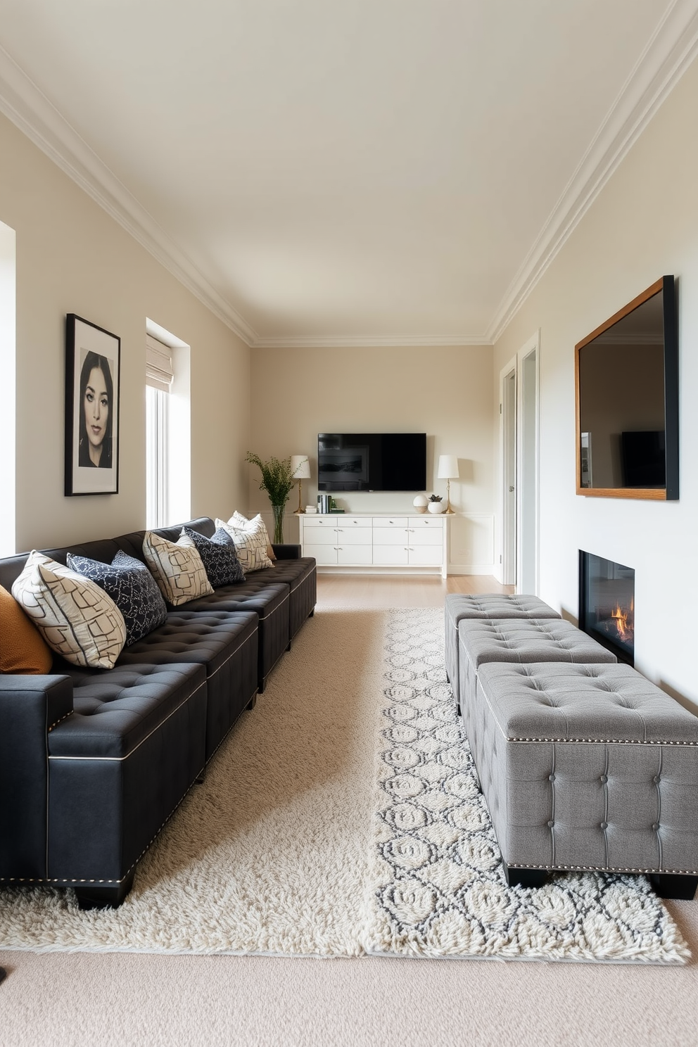 A long narrow living room features a series of stylish ottomans arranged along one side, providing both extra seating and hidden storage. The walls are painted in a soft neutral tone, while a plush area rug defines the seating area, enhancing the room's cozy atmosphere.