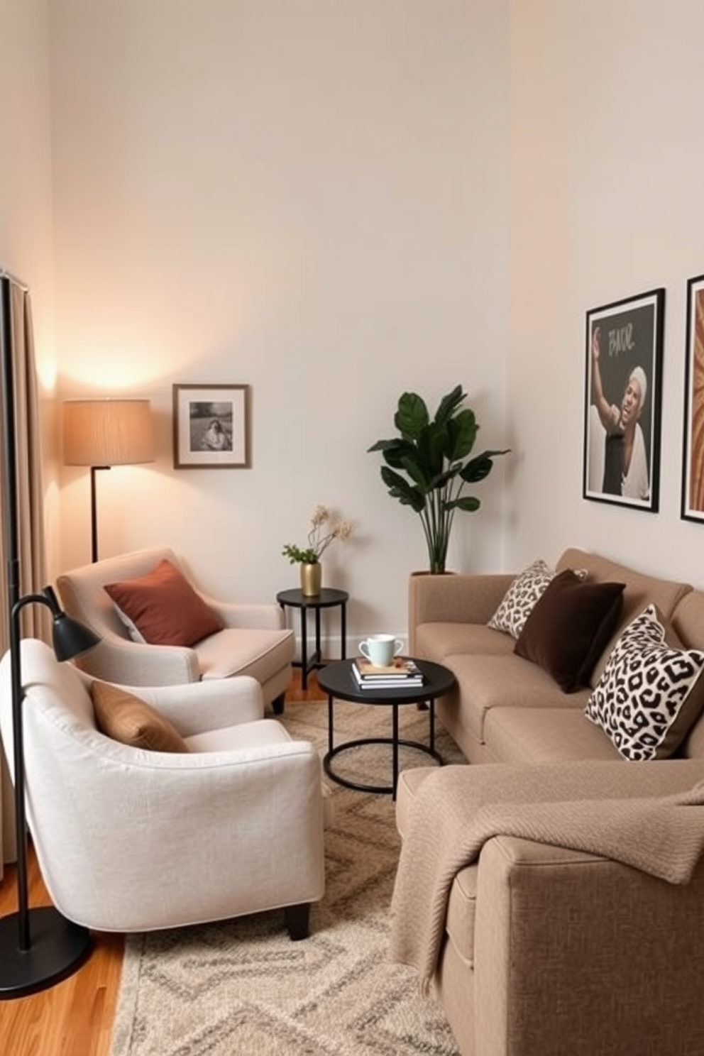 A long narrow living room features a sleek sectional sofa in a soft gray fabric positioned against one wall. Large windows allow natural light to flood the space, complemented by light sheer curtains that flutter gently in the breeze. On the opposite wall, a series of floating shelves display an array of plants in stylish pots, adding a fresh and vibrant touch to the room. A long, narrow coffee table sits in the center, topped with a few decorative books and a small succulent arrangement.