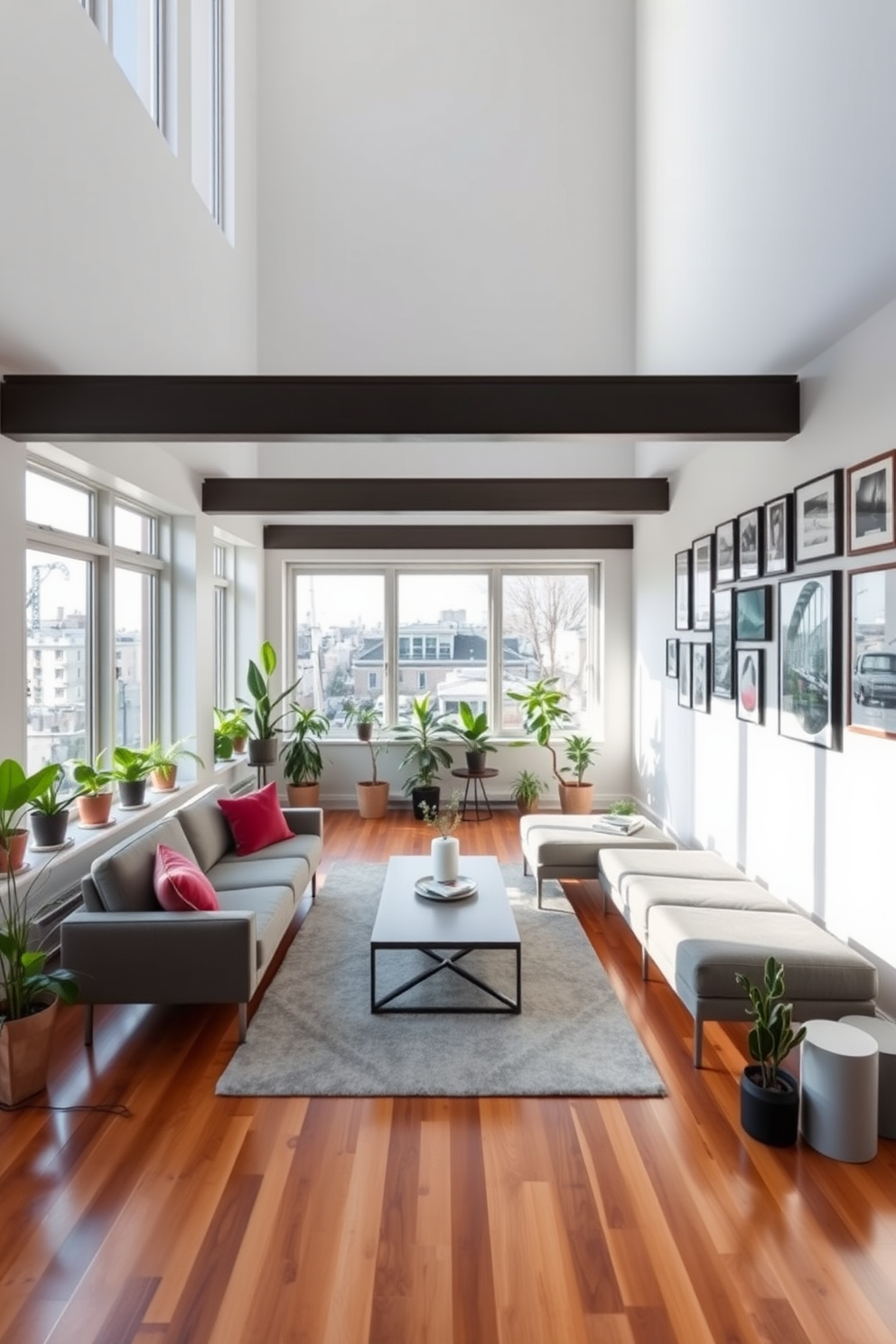 A long narrow living room features a sleek sectional sofa positioned against one wall, complemented by a minimalist coffee table in the center. Floor-to-ceiling windows allow natural light to flood the space, enhancing the warm tones of the wooden flooring. Incorporate a variety of indoor plants in stylish pots along the window sills and corners to add a touch of greenery. A gallery wall of framed art pieces adorns the opposite wall, creating visual interest and depth in the design.