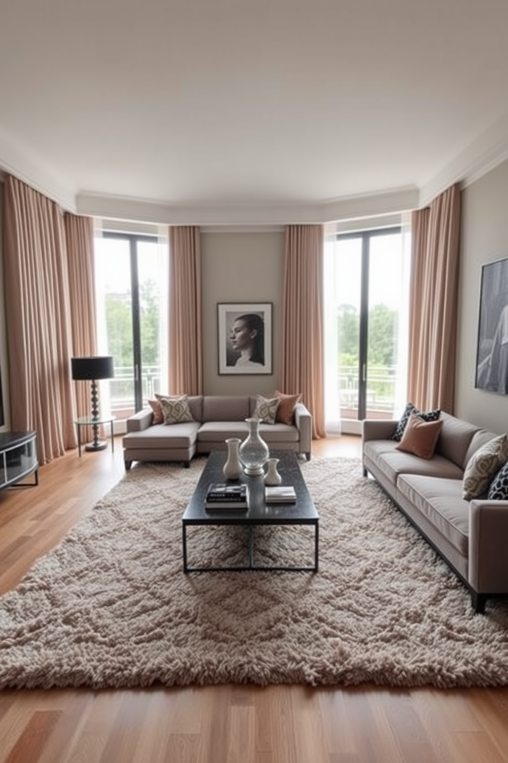 A long narrow living room features elegant curtains that stretch from ceiling to floor, creating an illusion of height and spaciousness. The walls are painted in a soft neutral tone, while the floor is adorned with a stylish area rug that adds warmth to the space. The furniture is arranged to optimize flow, with a sleek sofa positioned against one wall and a pair of accent chairs opposite it. A long coffee table sits in the center, complemented by decorative elements that enhance the room's modern aesthetic.