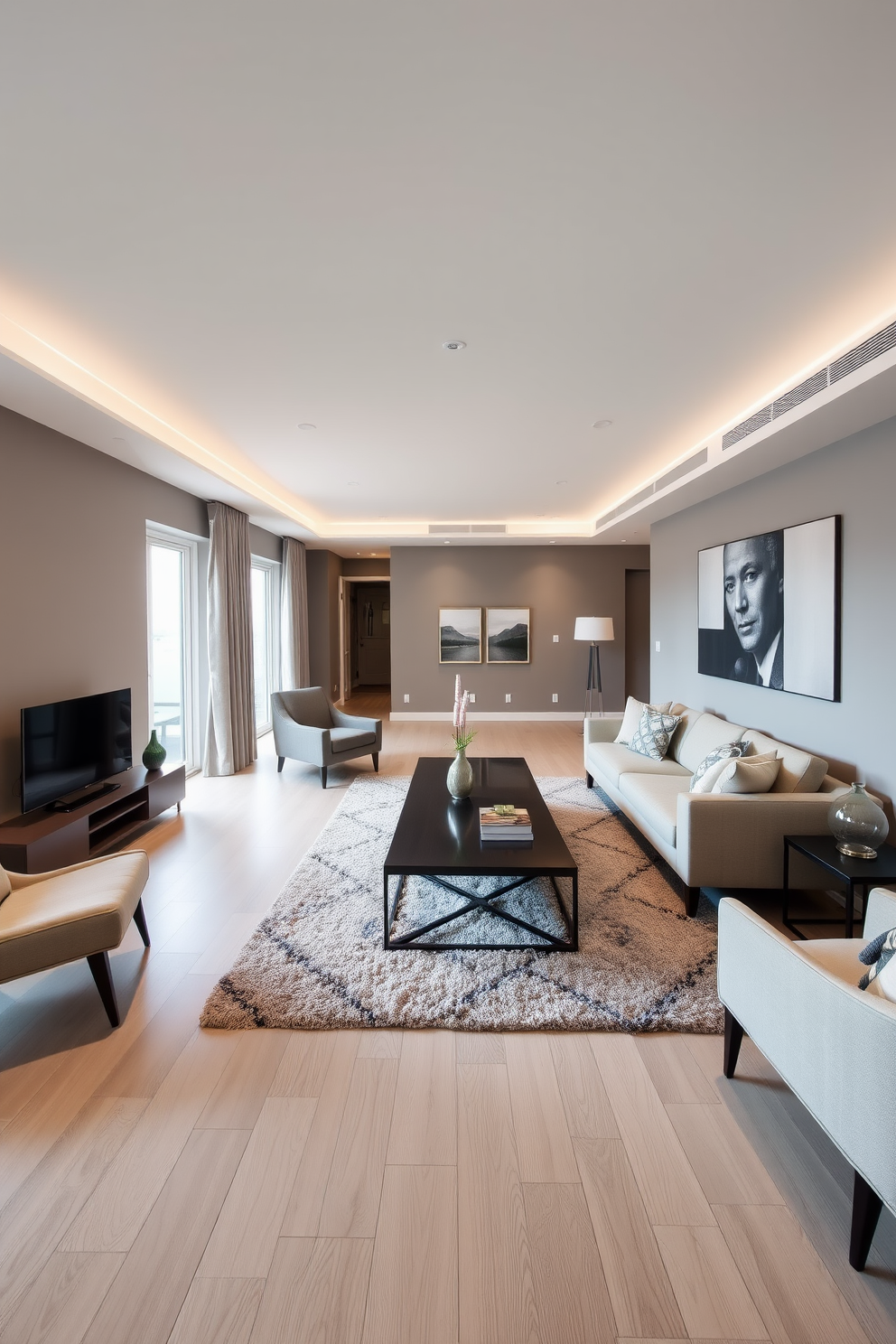 A long narrow living room features a sleek, modern design with a long coffee table in the center for functionality. The walls are painted in a soft gray hue, and a plush area rug anchors the seating arrangement, which includes a stylish sectional sofa and accent chairs.