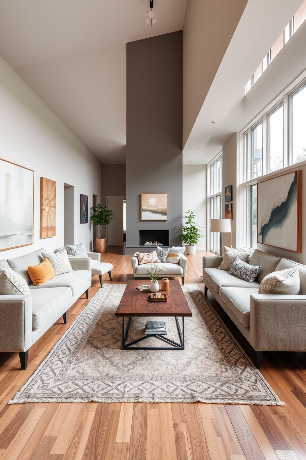 A long narrow living room features a cozy arrangement of seating that encourages conversation among guests. Plush sofas in soft neutral tones are positioned facing each other, with a stylish coffee table in the center to facilitate interaction. The walls are adorned with art pieces that reflect personal style, while floor-to-ceiling windows allow natural light to flood the space. A strategically placed area rug defines the seating area, adding warmth and texture to the overall design.