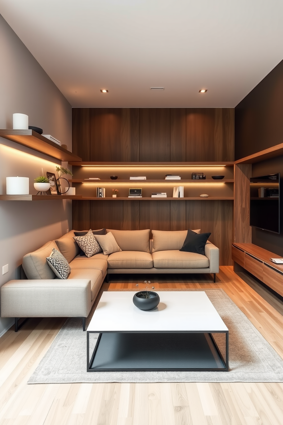 A long narrow living room features floating shelves mounted on the walls to save floor space while providing stylish storage. The room is adorned with a comfortable sectional sofa facing a sleek coffee table, creating a cozy yet functional gathering area.