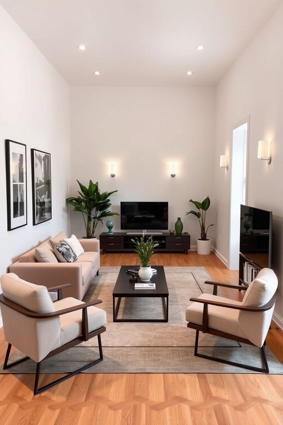 A long narrow living room features slim furniture arrangements to maximize space and maintain an open feel. A sleek sofa is positioned against one wall, complemented by a narrow coffee table in front and minimalist accent chairs on either side. Decorative elements such as tall plants and slim bookshelves are strategically placed to enhance vertical space. Soft lighting fixtures are mounted on the walls to create an inviting atmosphere without overwhelming the room.