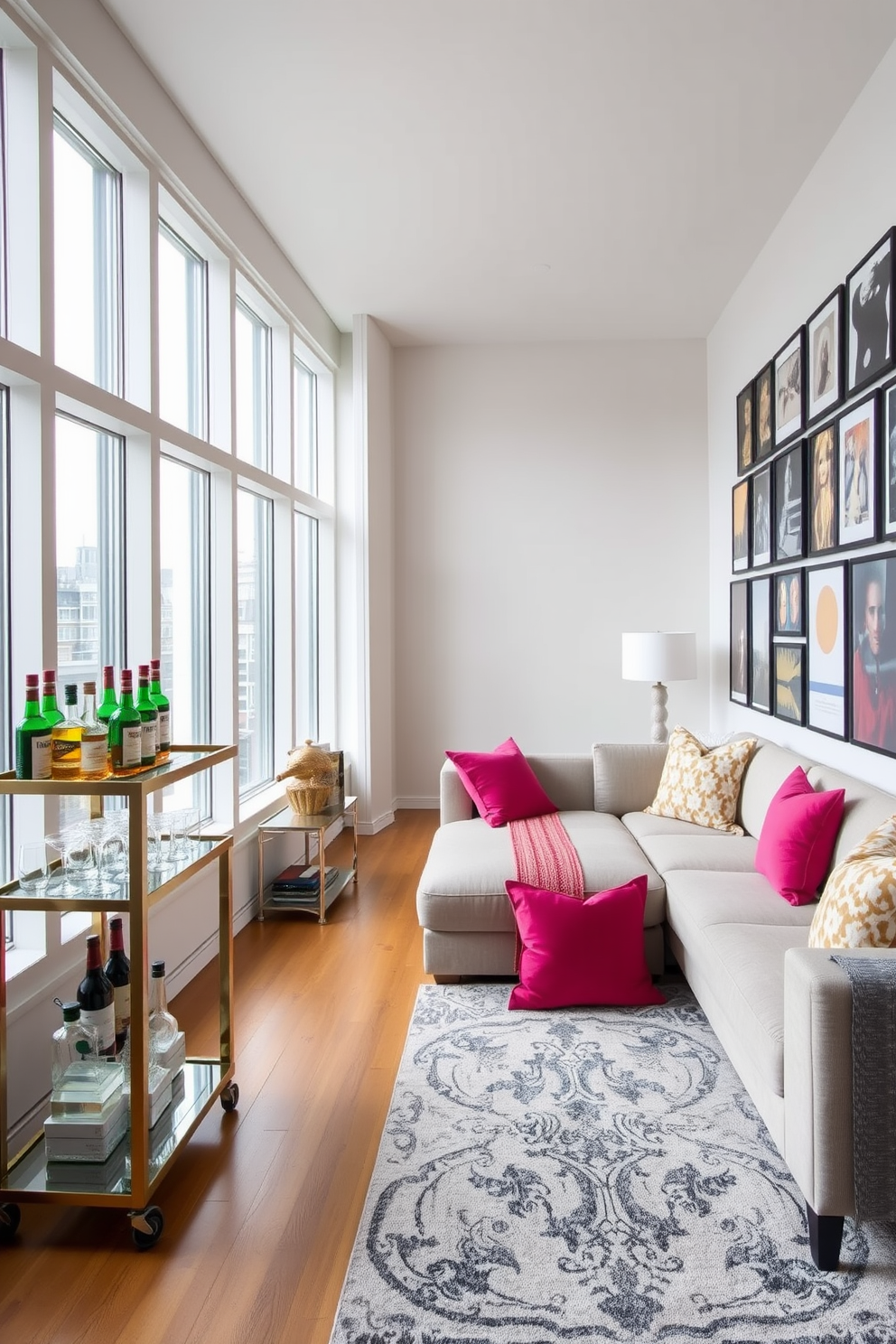 A long narrow living room features a stylish bench along one wall, upholstered in a soft fabric that complements the room's color scheme. The opposite wall is adorned with a series of framed artwork, creating a gallery effect that draws the eye down the length of the space. The flooring consists of light hardwood, enhancing the room's spacious feel, while a plush area rug defines the seating area. Large windows allow natural light to flood in, with sheer curtains that add an airy touch to the overall design.