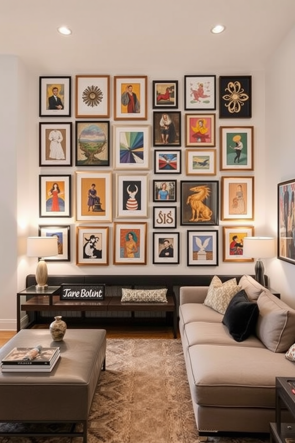 Create a gallery wall filled with an eclectic mix of art pieces including abstract paintings, framed photographs, and vibrant prints. The arrangement should vary in size and shape, creating a visually dynamic display that draws the eye. Design a long narrow living room that maximizes space and comfort. Incorporate a sleek sectional sofa along one wall, complemented by a stylish coffee table and layered lighting to enhance the cozy atmosphere.