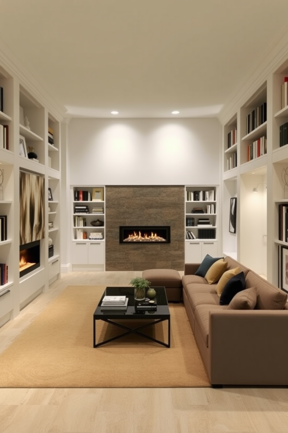 A long narrow living room designed for comfort and elegance features a sleek fireplace at one end, framed by built-in bookshelves filled with curated decor. The walls are painted in a soft neutral tone, and a plush sectional sofa is arranged to encourage conversation, complemented by a stylish coffee table in the center.