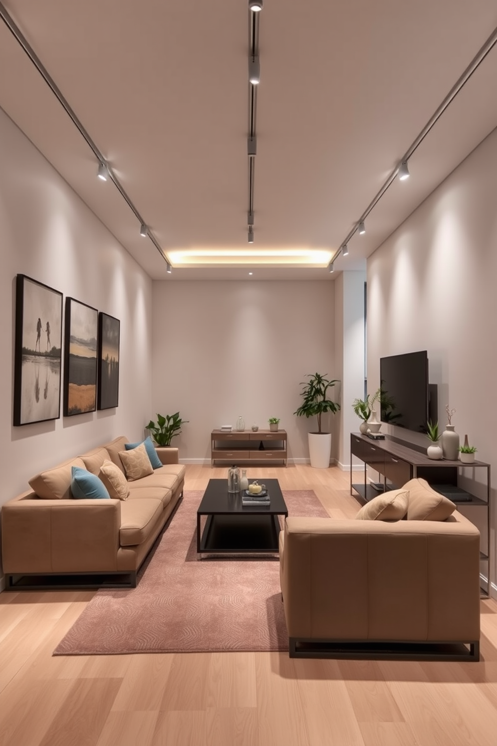 A long narrow living room features a cozy seating arrangement with a plush sectional sofa in a neutral tone. Track lighting is strategically placed along the ceiling to highlight key areas, creating an inviting atmosphere. The walls are adorned with artwork that complements the color scheme, while a sleek coffee table sits at the center. A narrow console table against one wall displays decorative items and a few potted plants for added greenery.