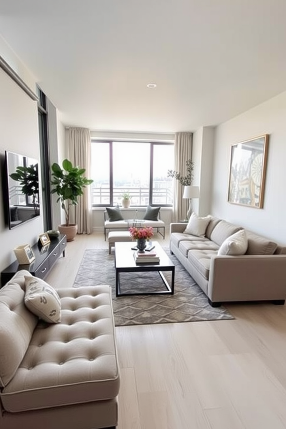 A long narrow living room features a stylish bar cart positioned against one wall, enhancing both functionality and aesthetic appeal. The seating arrangement includes a sleek sofa and two accent chairs, creating an inviting atmosphere while maximizing the space. The walls are adorned with light-colored paint to enhance the sense of openness, and a large area rug anchors the seating area. Decorative elements like framed artwork and indoor plants add personality and warmth to the overall design.