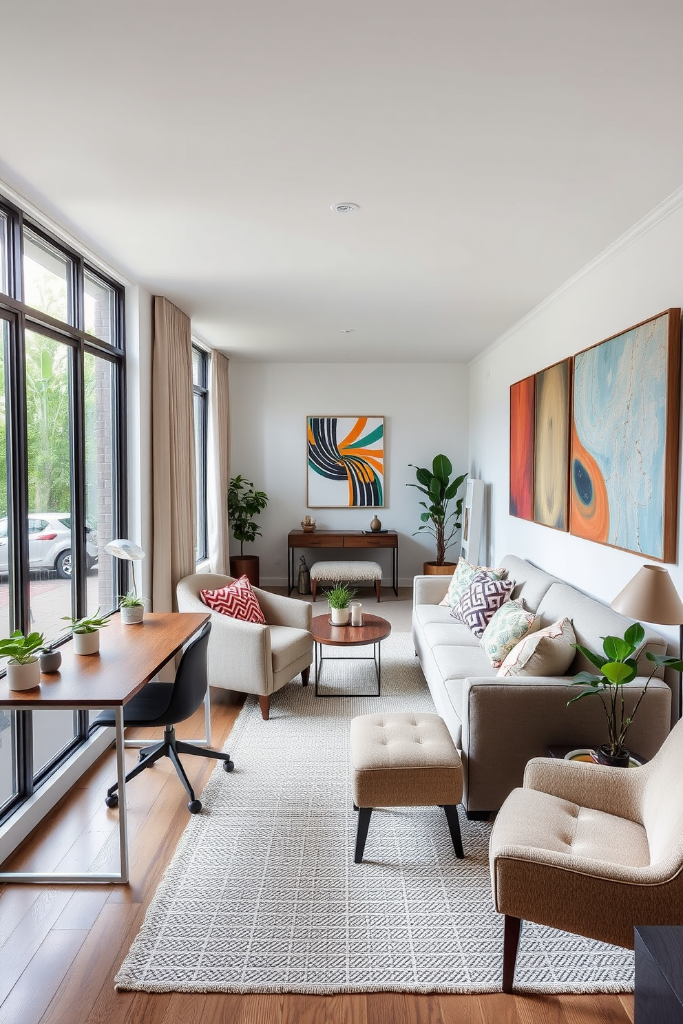 A long narrow living room features a cozy seating arrangement with a plush sectional sofa positioned against one wall. To maximize corner spaces, a stylish accent chair and a small side table are placed in the opposite corner, creating an inviting reading nook. The walls are painted in a light neutral color to enhance the sense of space, while a large area rug defines the seating area. Decorative shelves with plants and books are installed in the corners, adding personality and warmth to the room.