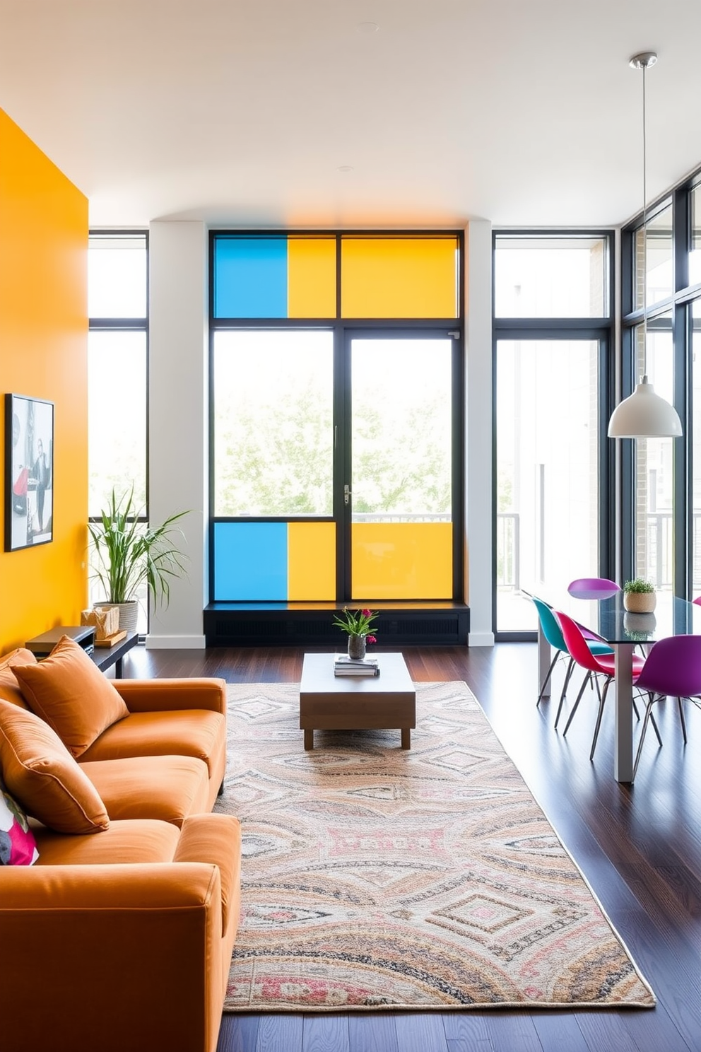 A long narrow living room features a vibrant color-blocked wall that separates the seating area from the dining space. The furniture is arranged to create distinct zones, with a plush sofa in a bold hue facing a sleek coffee table. The dining area showcases a modern table with colorful chairs that complement the wall color. Large windows allow natural light to flood the space, enhancing the visual appeal of the color-blocked design.