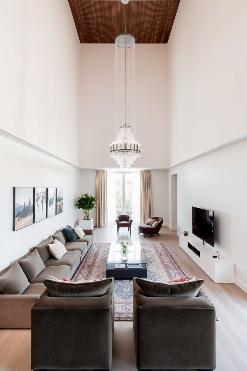 A long narrow living room features sleek furniture arranged to maximize space and enhance flow. The walls are painted in a soft neutral tone, creating a bright and airy atmosphere. A statement chandelier hangs from the ceiling, adding a touch of elegance and sophistication to the room. Plush seating is strategically placed to encourage conversation while maintaining an open feel.