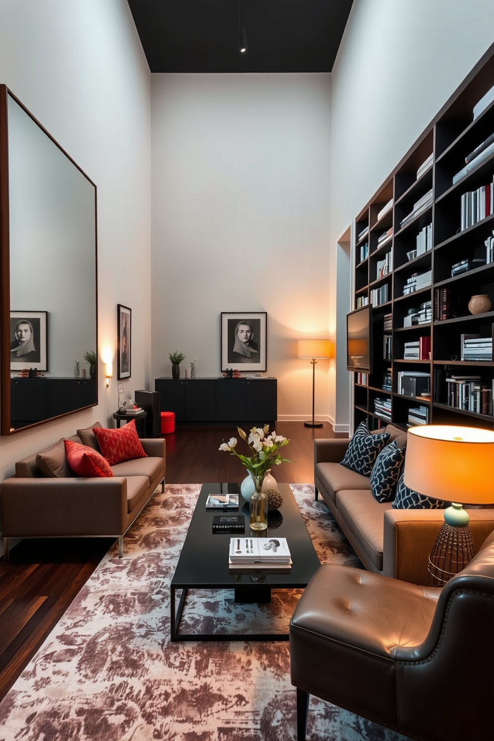 A long narrow living room features a large mirror on one wall to reflect light and create an illusion of space. The room is designed with a sleek sofa facing a modern coffee table, and decorative pillows add a pop of color. On the opposite wall, tall bookshelves are filled with books and decorative items, enhancing the room's sophistication. A stylish area rug anchors the seating area, while floor lamps provide warm lighting for a cozy atmosphere.