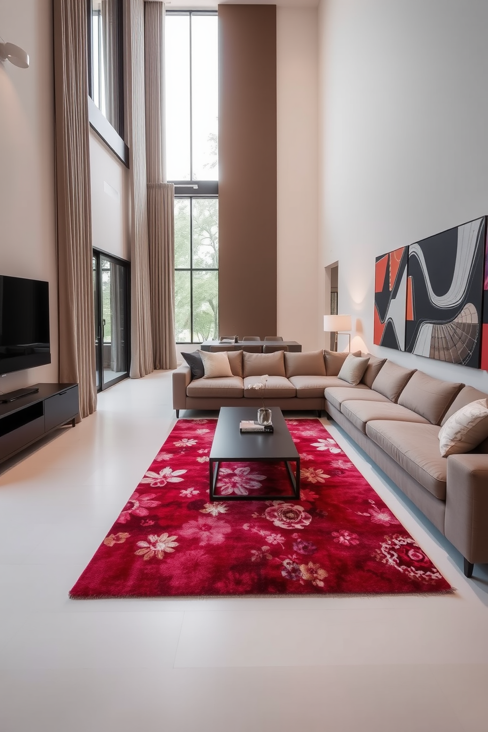 A long narrow living room features a stylish long sectional sofa positioned against one wall, offering ample seating for guests. The space is adorned with a sleek coffee table in front of the sofa, complemented by a vibrant area rug that adds warmth and texture to the room.