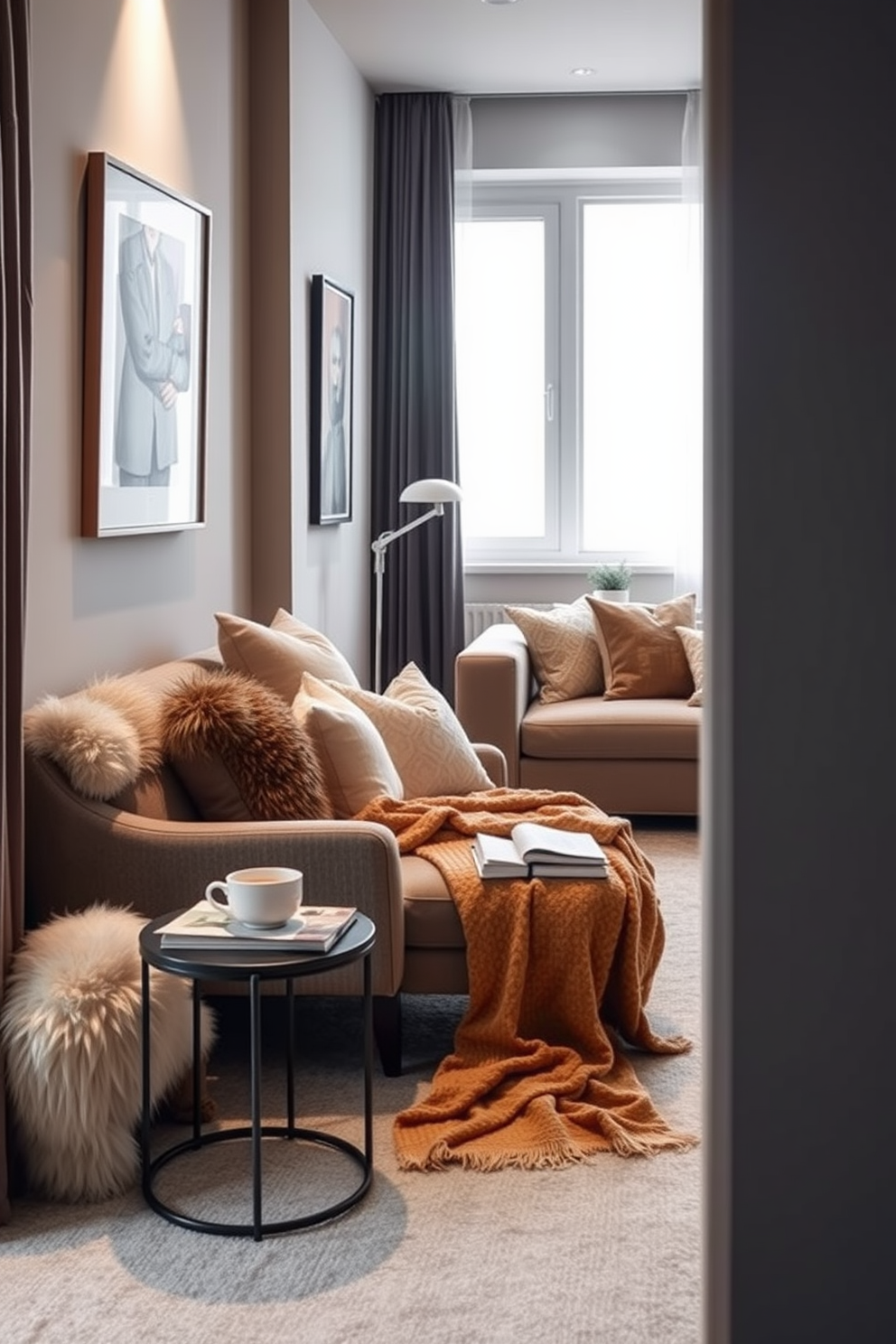 A long narrow living room features a cozy seating arrangement with a plush sofa adorned with textured cushions for added comfort. The walls are painted in a soft neutral tone, while a stylish area rug anchors the space, creating a warm and inviting atmosphere.