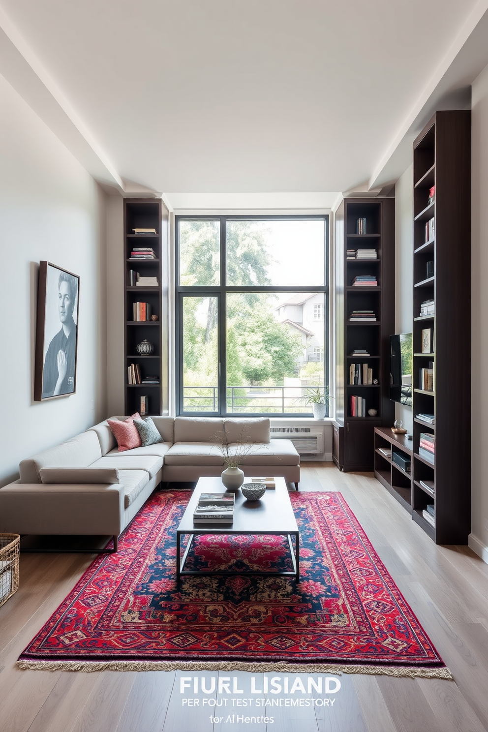 A long narrow living room features a sleek sectional sofa positioned against one wall, creating an inviting seating area. Vertical storage solutions are incorporated with tall bookshelves flanking either side of a large window, maximizing space while providing ample organization. The walls are painted in a light neutral tone to enhance the sense of openness. A stylish coffee table sits in the center, complemented by decorative accents and a vibrant area rug that adds warmth and character to the space.