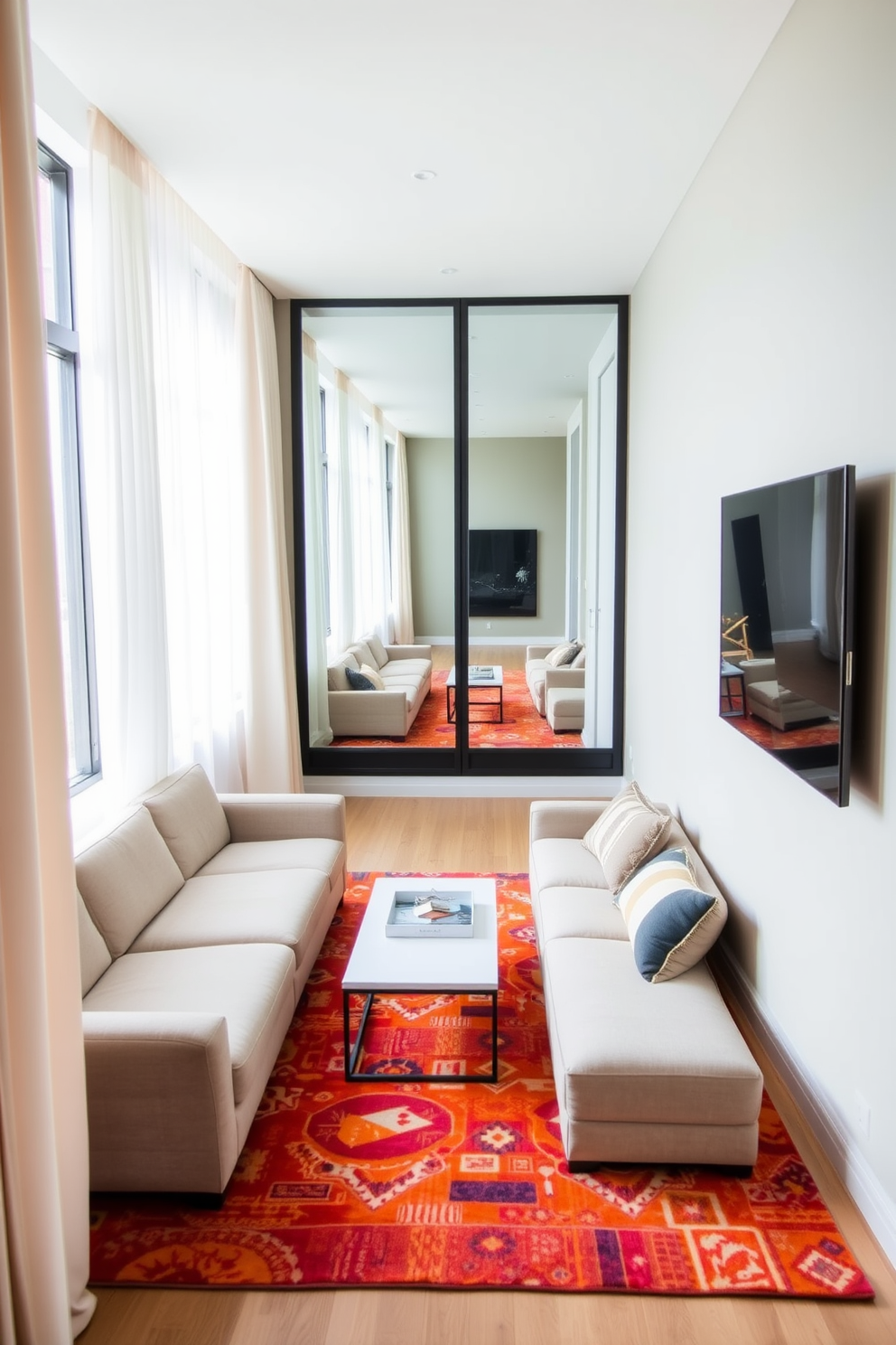 A long narrow living room features a sleek sectional sofa in a neutral tone positioned against one wall. Large mirrors are strategically placed opposite the windows to reflect natural light and create an illusion of a more spacious environment. The room is accented with a minimalist coffee table and a vibrant area rug that adds warmth to the space. Floor-to-ceiling drapes frame the windows, enhancing the height of the room while adding a touch of elegance.