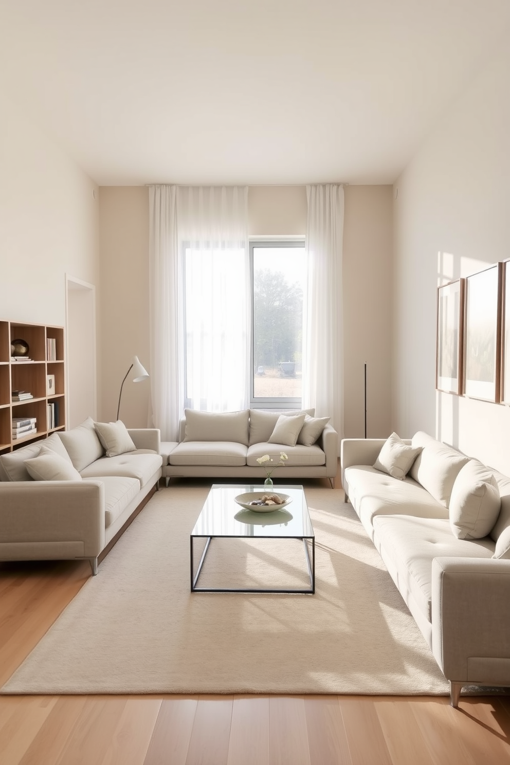 A long narrow living room featuring light-colored walls to create an airy and spacious atmosphere. The furniture arrangement includes a sleek sectional sofa in soft beige, complemented by pastel throw pillows and a light wood coffee table at the center. Large windows allow natural light to flood the room, accented by sheer white curtains that gently filter the sunlight. A narrow area rug in soft tones runs along the length of the room, adding warmth and texture to the space.