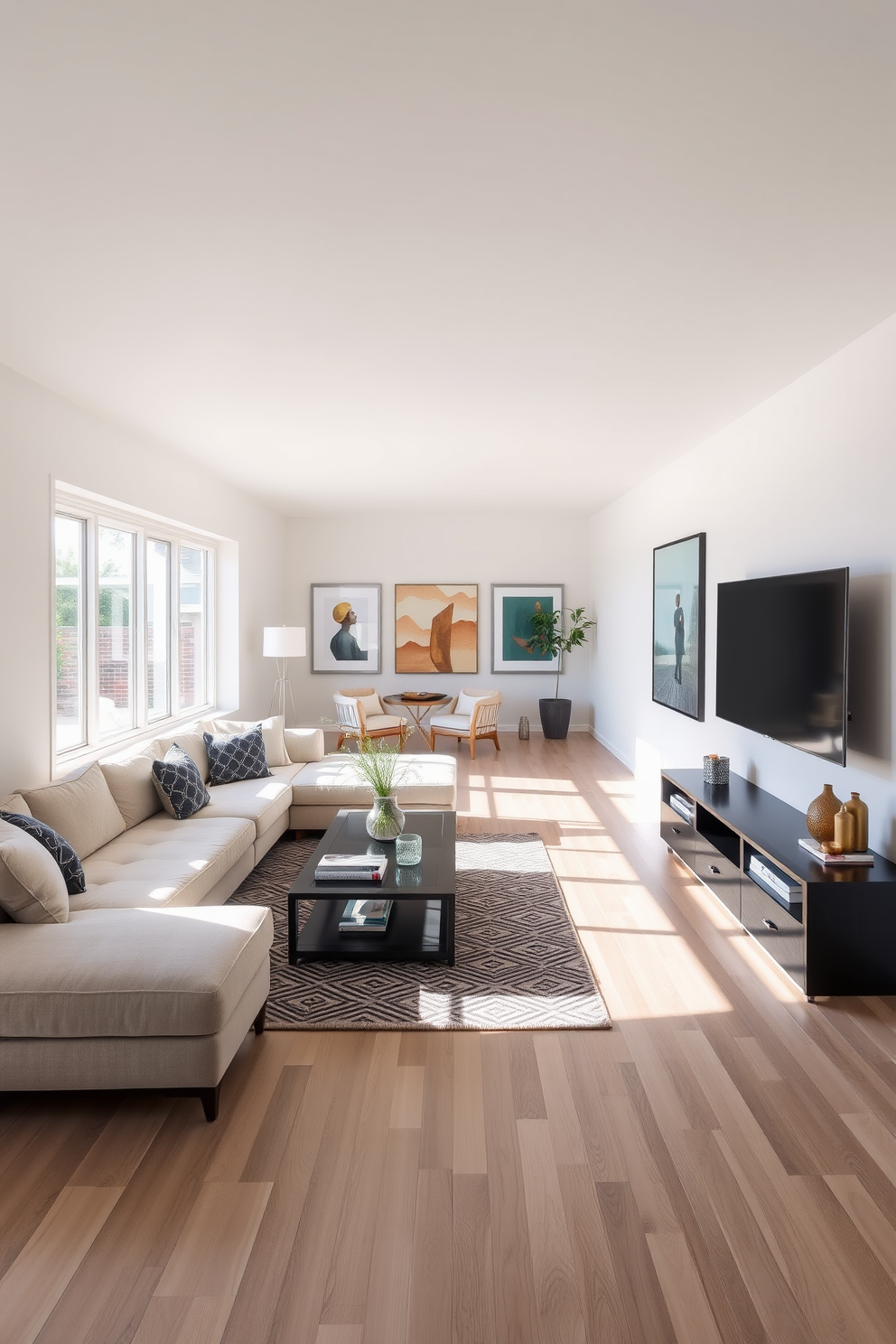 A long narrow living room features a cozy seating arrangement with a plush sectional sofa facing a sleek coffee table. The walls are painted in a soft neutral tone, and large windows allow natural light to fill the space, enhancing the inviting atmosphere. To create impact, hang artwork at eye level along the longer wall, choosing pieces that complement the room's color palette. A stylish area rug anchors the seating area, adding texture and warmth to the design.