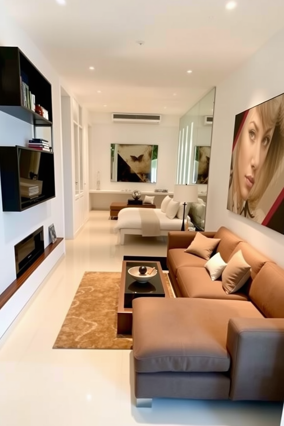 A long narrow living room features vertical storage solutions that maximize space while maintaining a stylish aesthetic. Shelving units extend from floor to ceiling, displaying books and decorative items, while a sleek console table runs along one wall, providing additional storage and surface area. The seating arrangement includes a streamlined sofa positioned against the opposite wall, complemented by a pair of modern accent chairs that invite conversation. Large windows allow natural light to flood the space, enhancing the airy feel and highlighting the carefully curated decor elements throughout the room.