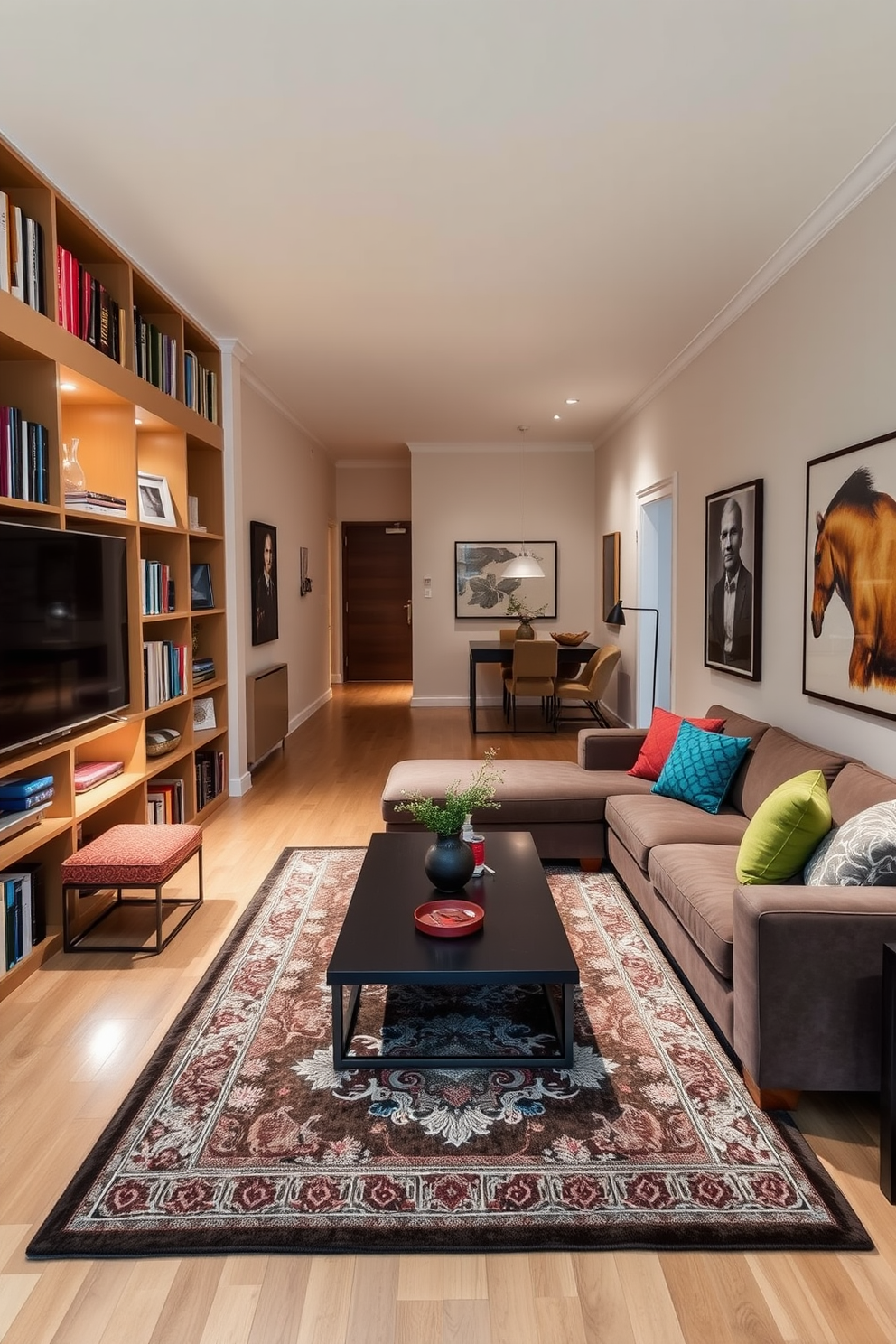 A long narrow living room features built-in shelving along one wall, showcasing an array of books and decorative items. The opposite wall is painted in a soft neutral tone, creating a warm and inviting atmosphere. A plush sectional sofa is positioned to maximize seating while maintaining an open flow, adorned with colorful throw pillows for added comfort. A sleek coffee table sits in the center, complemented by a stylish area rug that defines the space.