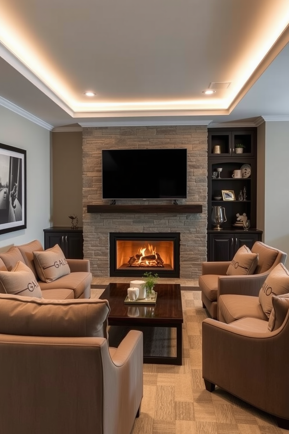 Cozy basement fireplace with seating area. The fireplace is surrounded by a stone facade, creating a warm and inviting atmosphere. Plush sofas and armchairs are arranged around a low coffee table, perfect for gatherings. Soft lighting from stylish fixtures enhances the comfort of the space. Luxury basement design ideas include a built-in wet bar with elegant finishes. The walls are adorned with tasteful artwork, adding character to the sophisticated environment.